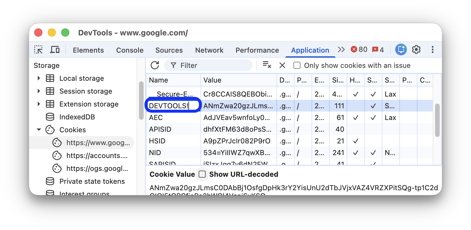 Setting the name of a cookie to 'DEVTOOLS!'