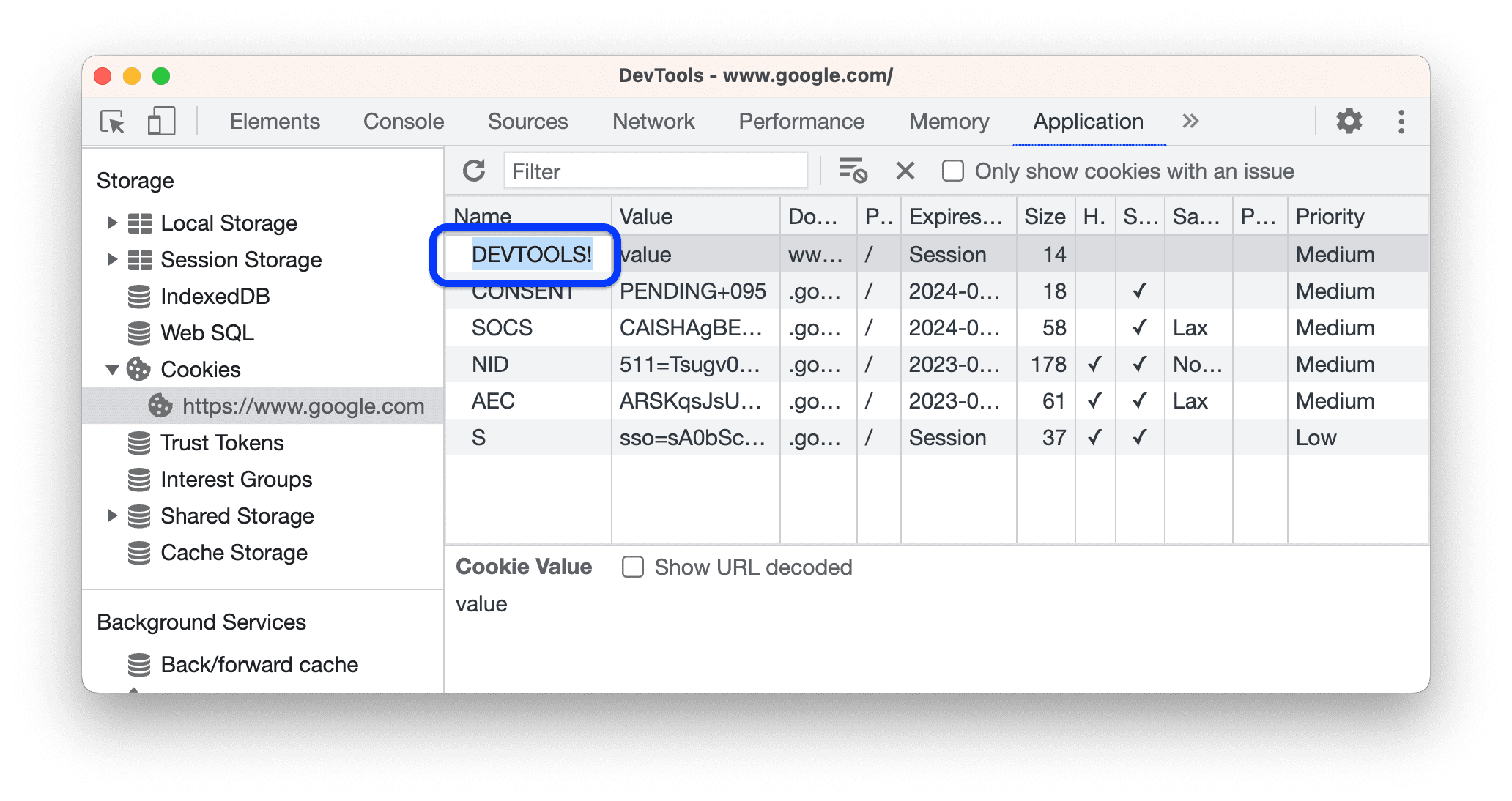 Установка имени файла cookie «DEVTOOLS!»