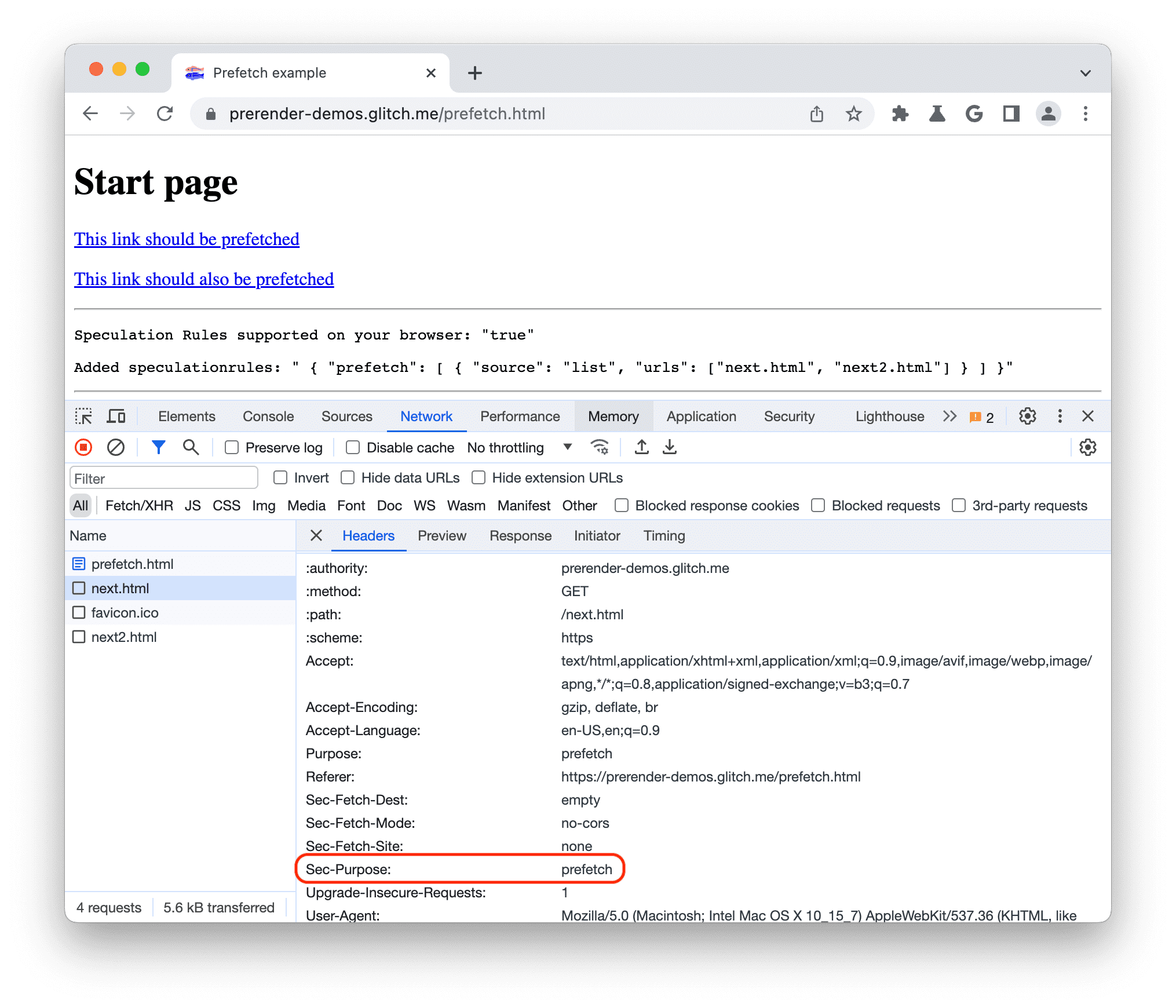 Chrome DevTools में, Sec-Purpose को &#39;पहले से लोड करें&#39; पर सेट करके हेडर को पहले से लोड करना