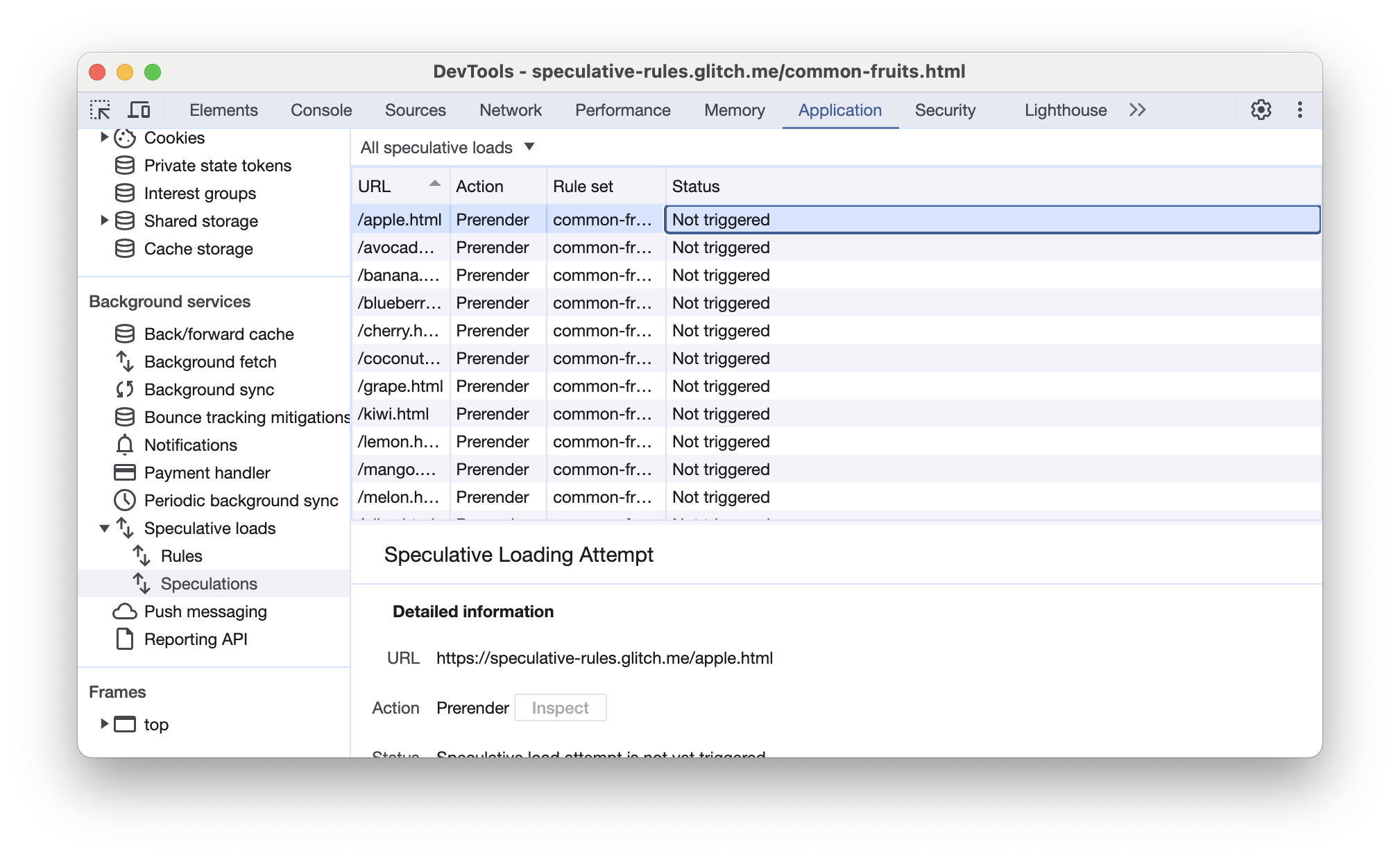 トリガーされていない URL が多数表示されている Chrome DevTools の [投機] タブ