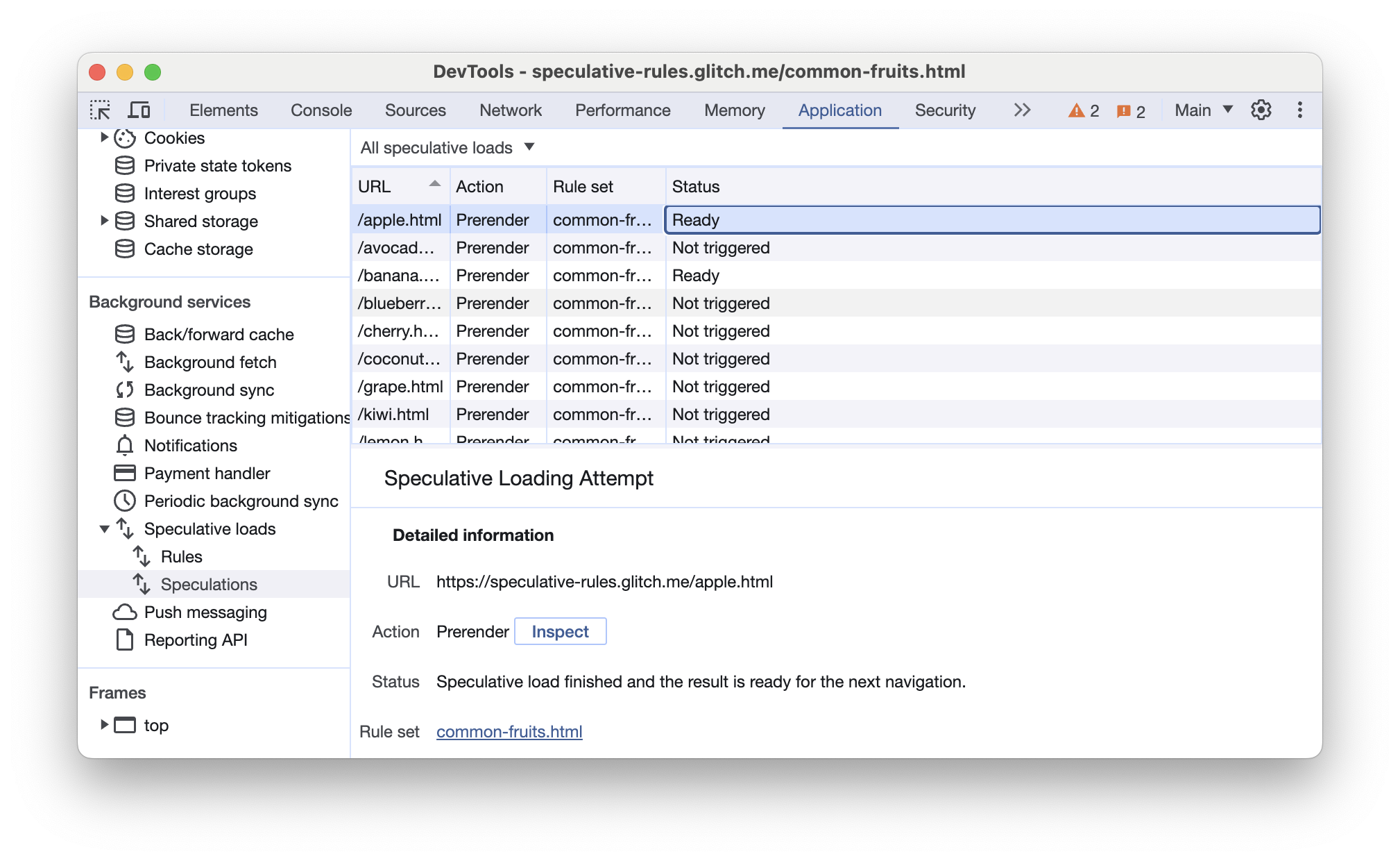 사전 렌더링된 페이지가 트리거된 Chrome DevTools 추측 탭