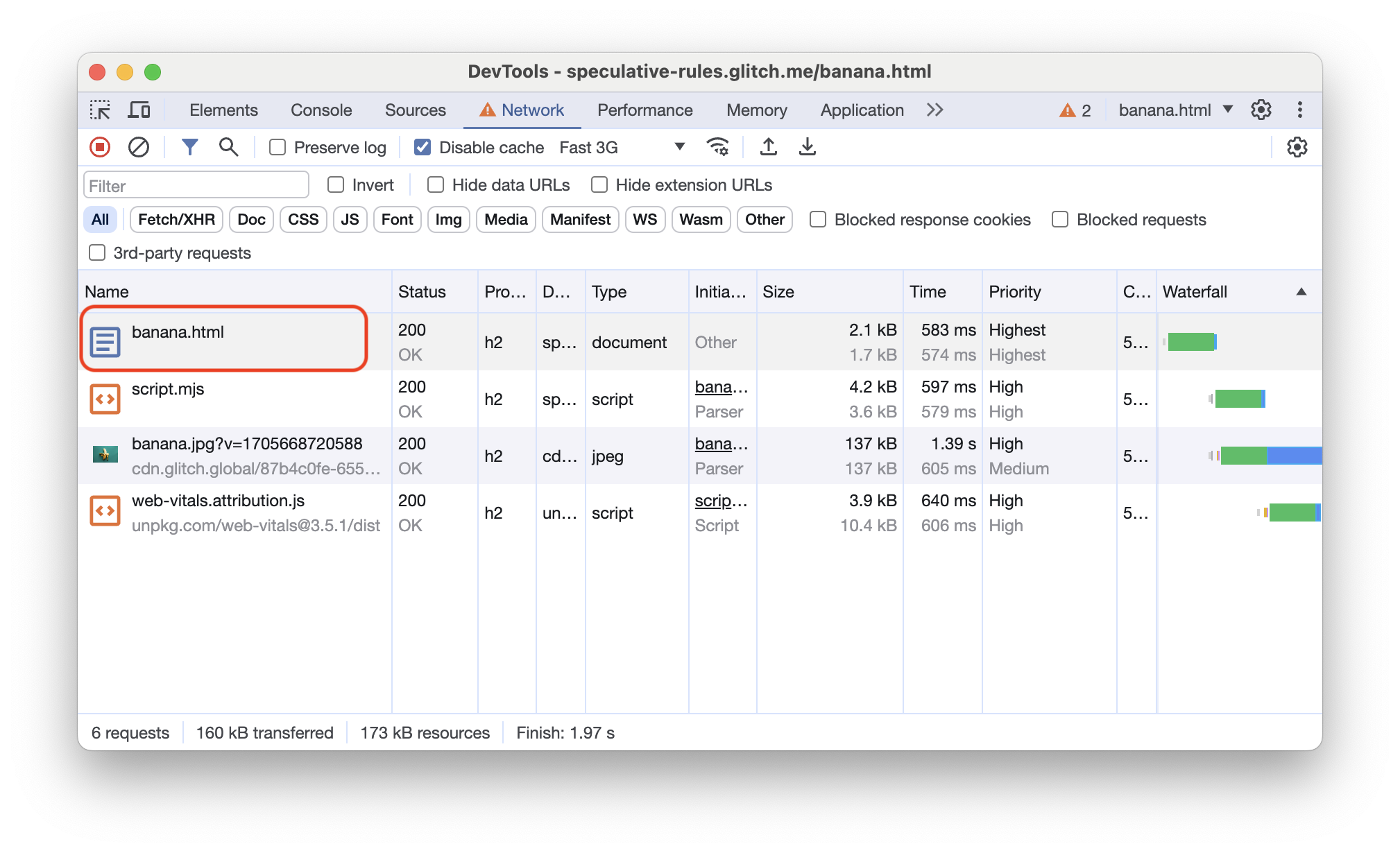 Panel Sieć w Narzędziach deweloperskich w Chrome, który pokazuje żądania sieci dla strony z wyprzedzającym renderowaniem