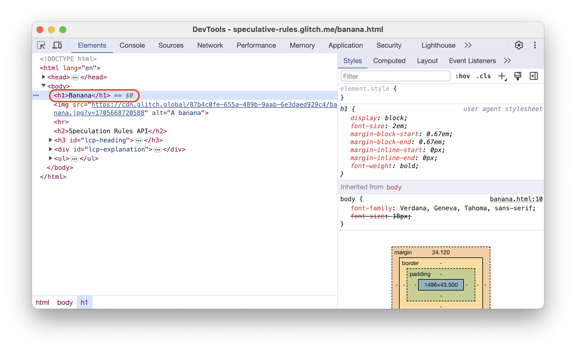 Panel Elements de Chrome DevTools para la página renderizada previamente