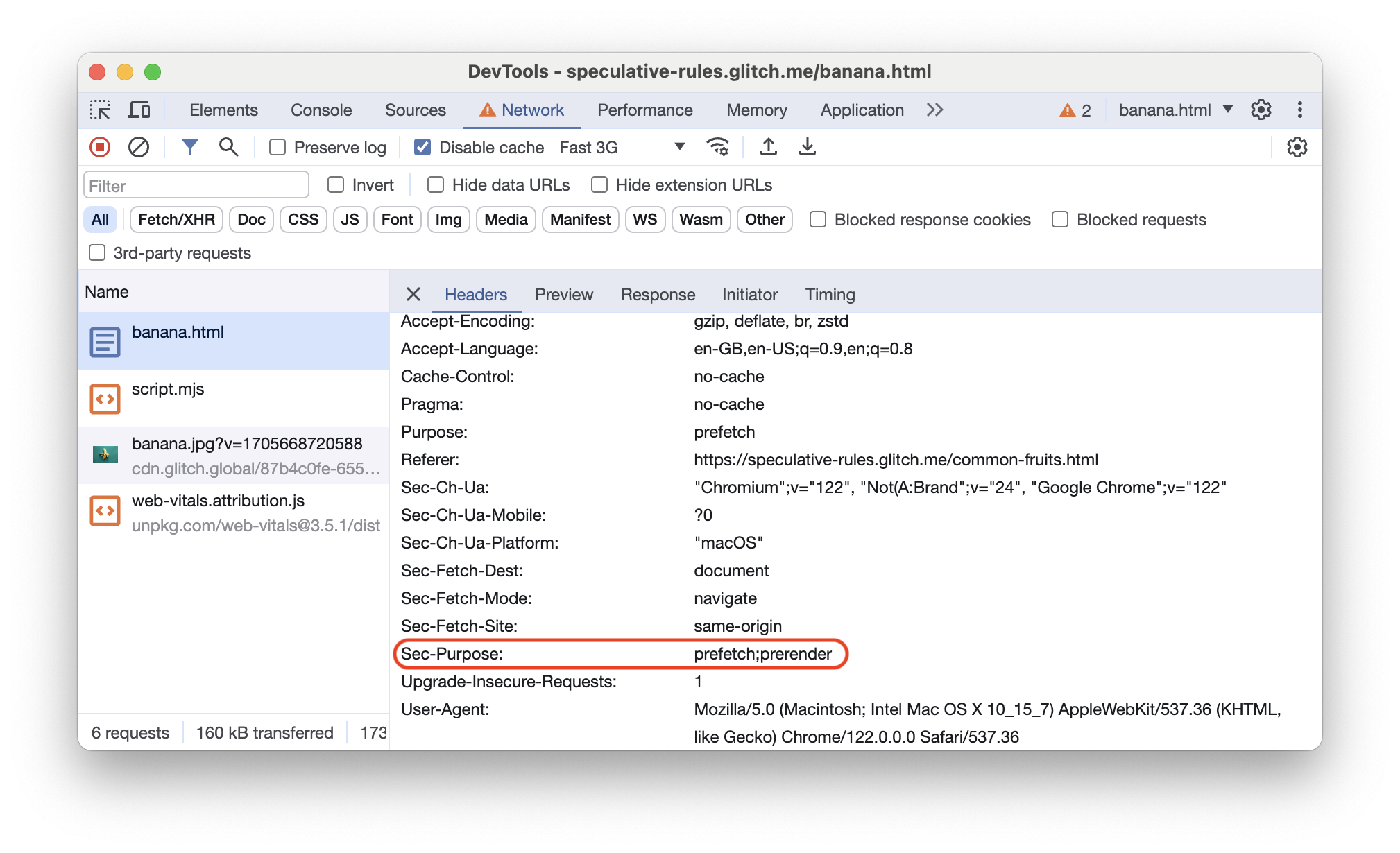 Riquadro Rete di Chrome DevTools che mostra l&#39;intestazione Sec-Purpose per una pagina pre-renderizzata