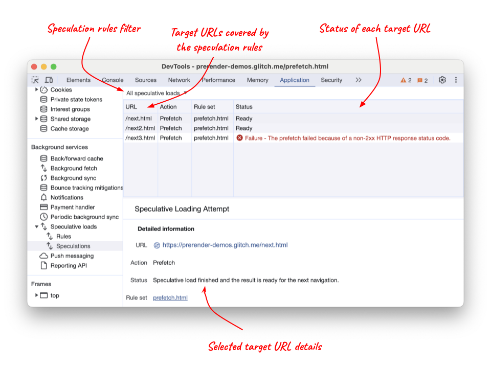 Chrome DevTools স্পেকুলেশন ট্যাব তাদের স্থিতি সহ প্রিফেচ করা URL গুলি দেখায়৷