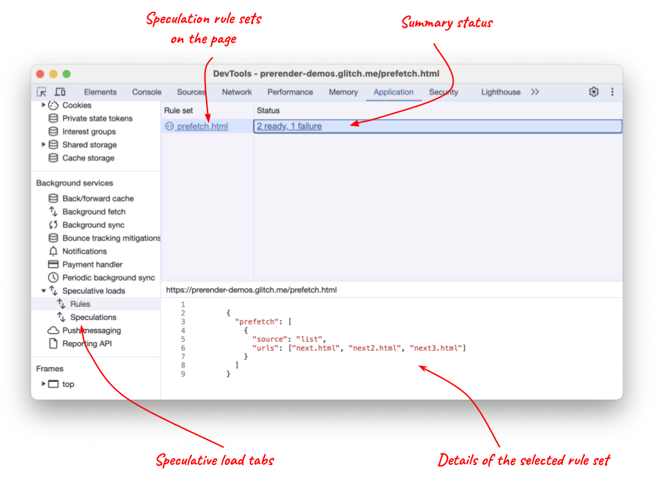 Tab Pemuatan spekulatif Chrome DevTools yang menampilkan aturan pengambilan data sebelumnya