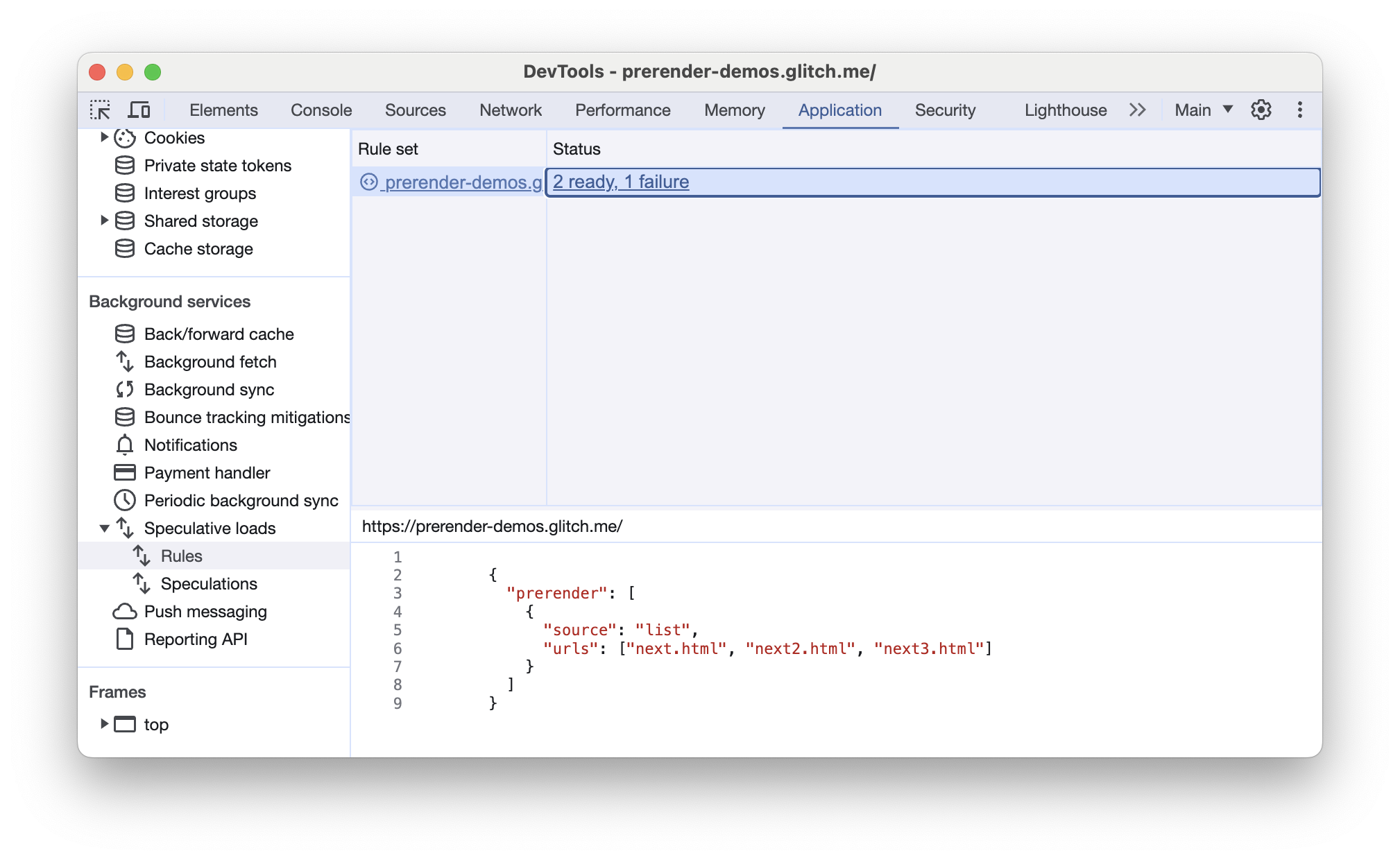 Chrome DevTools에서 사전 렌더링 추측 규칙이 있는 페이지의 탭을 추측 로드함