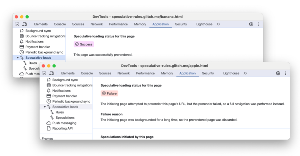 Chrome DevTools স্পেকুলেটিভ লোড ট্যাব একটি সফল এবং ব্যর্থ উভয় পৃষ্ঠা দেখায়