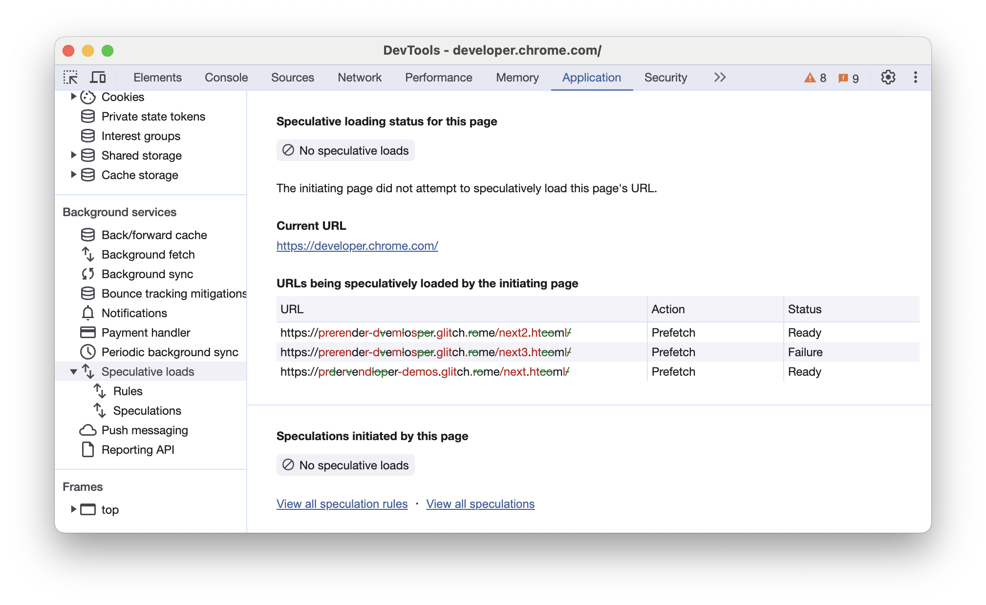 Chrome DevTools mostra un URL non corrispondente nella scheda Caricamenti speculativi