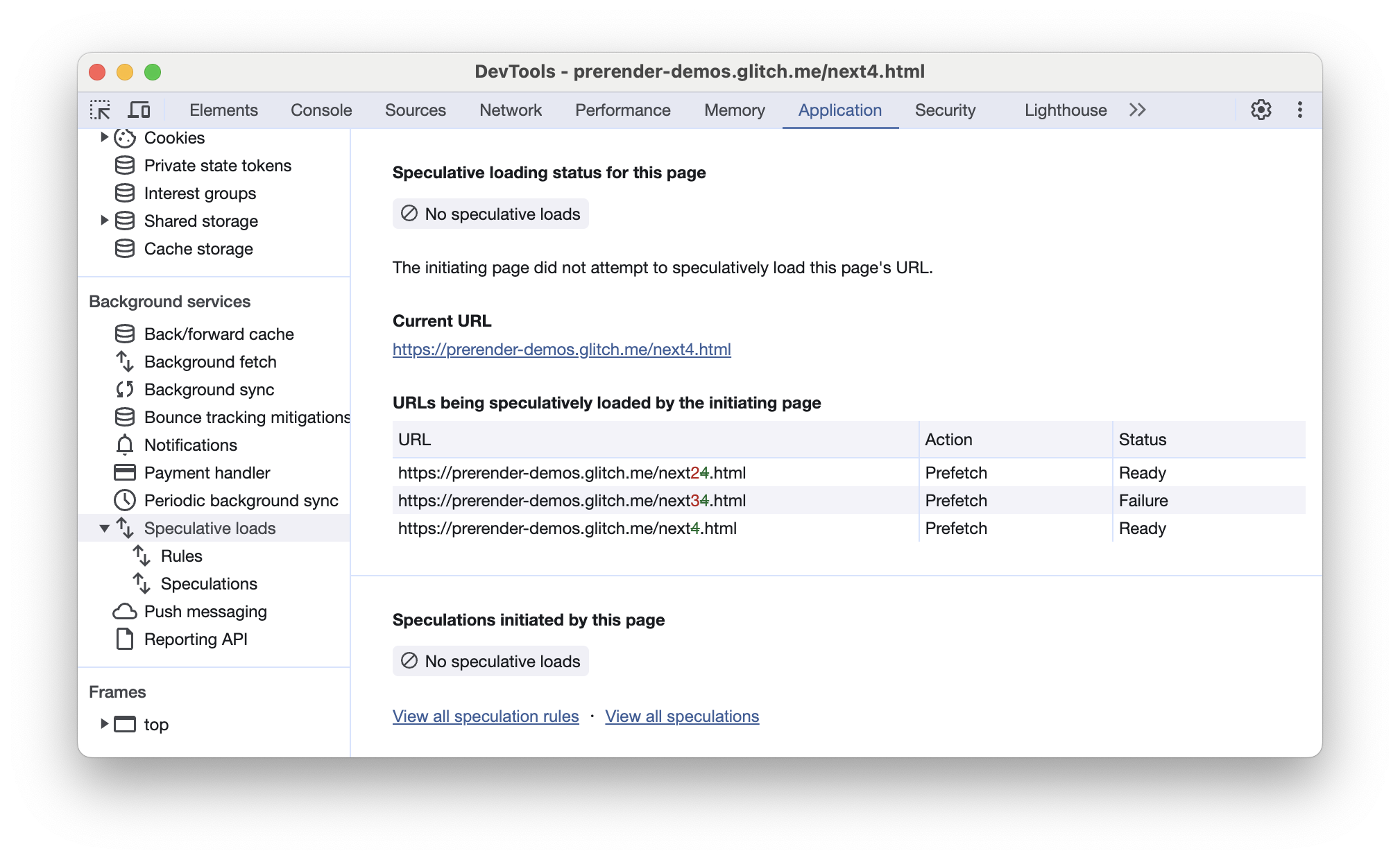 Chrome DevTools Tabblad Speculatief laden, dat laat zien hoe de huidige URL niet overeenkomt met een van de URL's in de speculatieregels van de vorige pagina