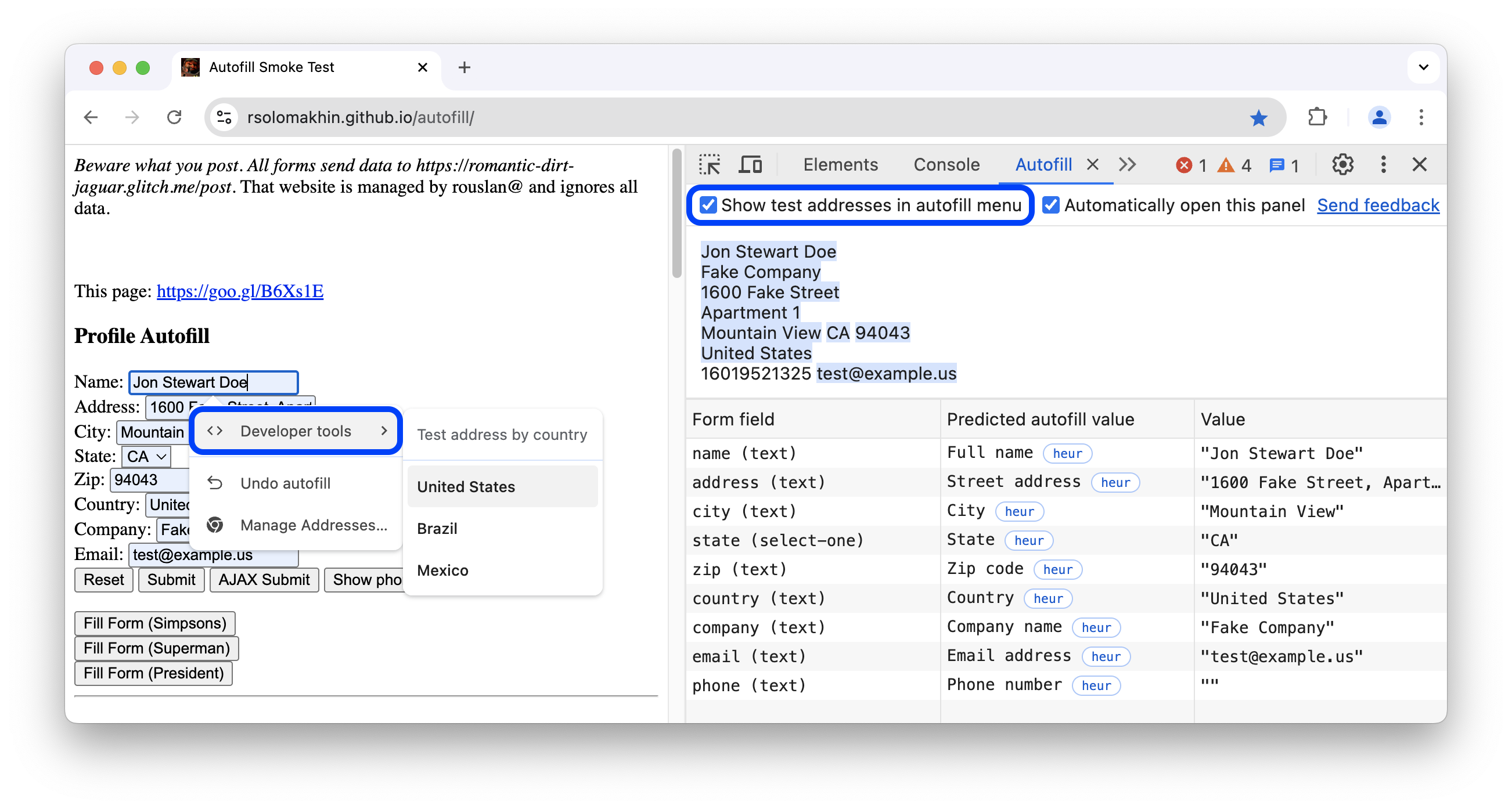 The 'Developer tools' menu with test address data options.