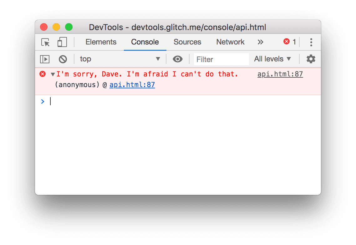 ผลลัพธ์ของตัวอย่าง console.error() ด้านบน