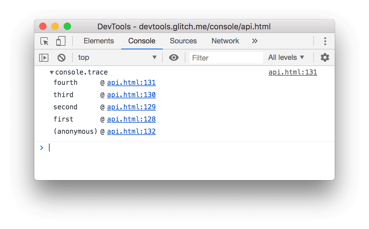 Результат примера console.trace() выше.