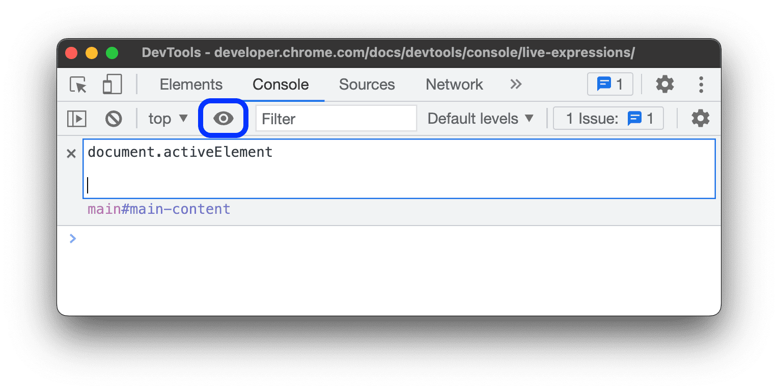 Typing document.activeElement into the Live Expression text box.