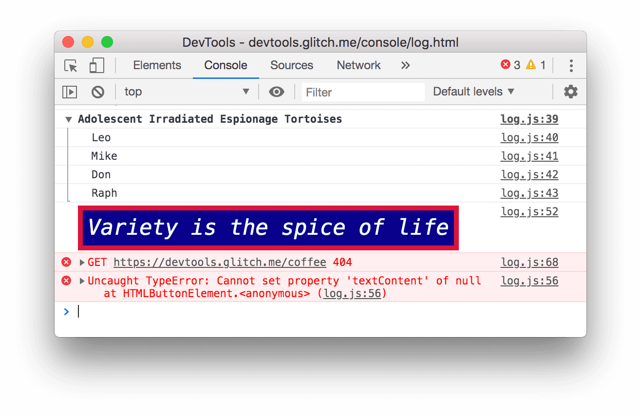 TypeError di Konsol.
