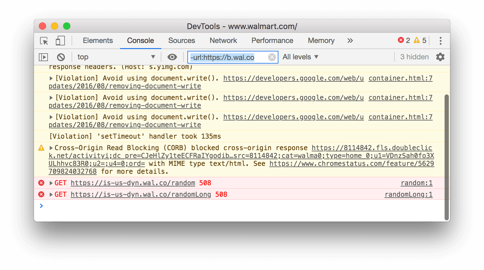 Negatif URL filtresi. DevTools, belirtilen URL ile eşleşen tüm mesajları gizlemektedir.