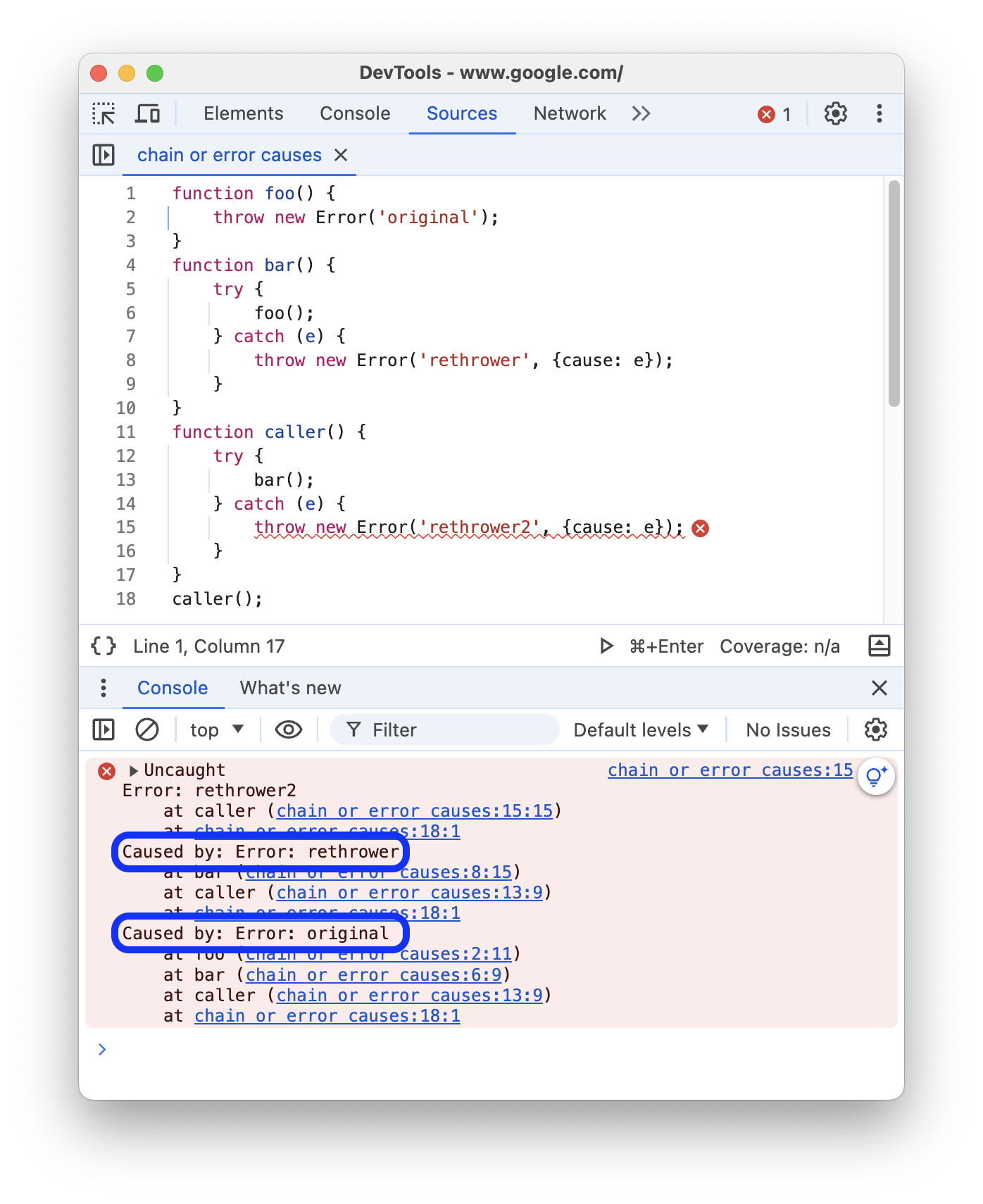 A chain of error causes prefixed with 'Caused by:' in the stack trace.