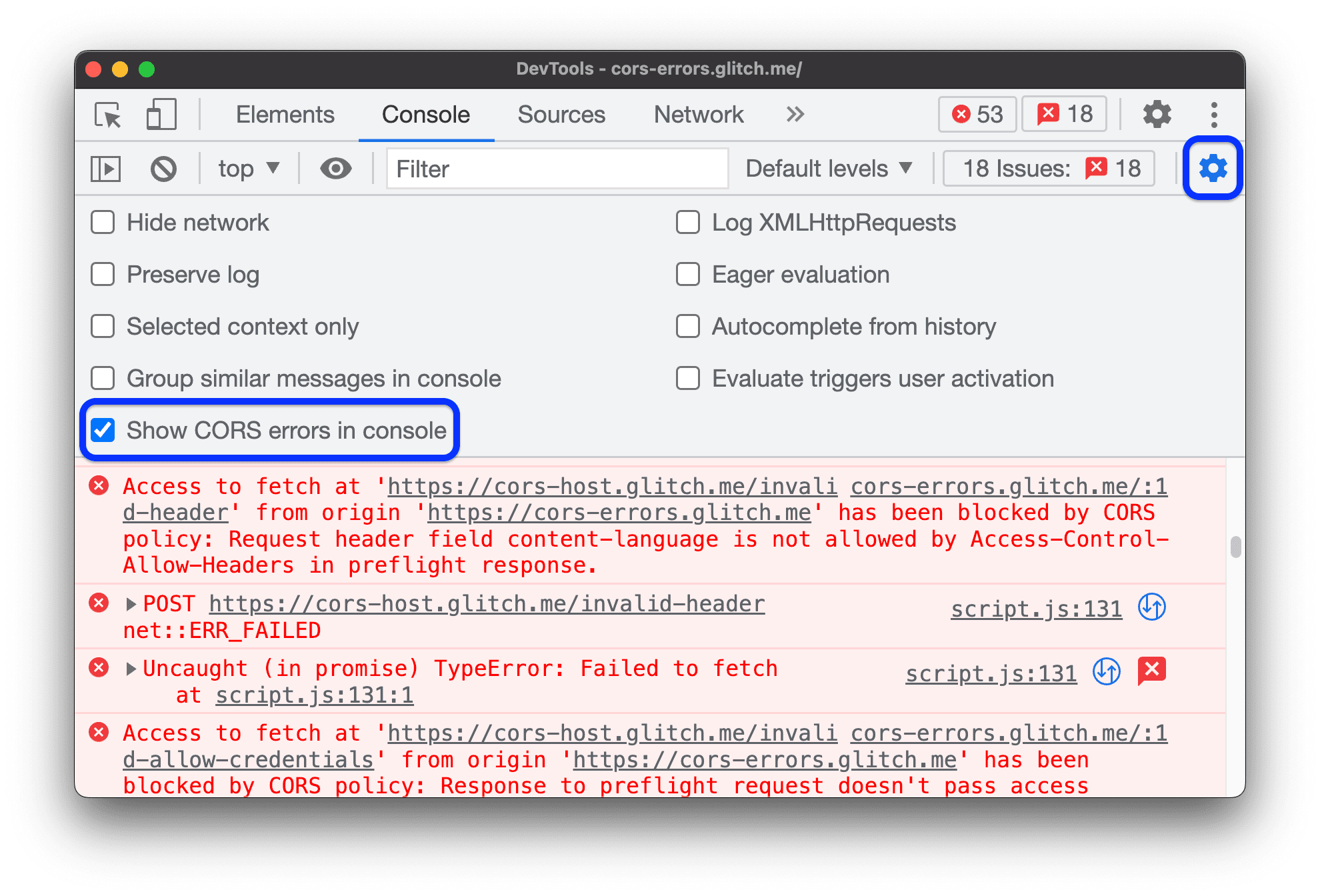 Menampilkan error CORS di konsol.