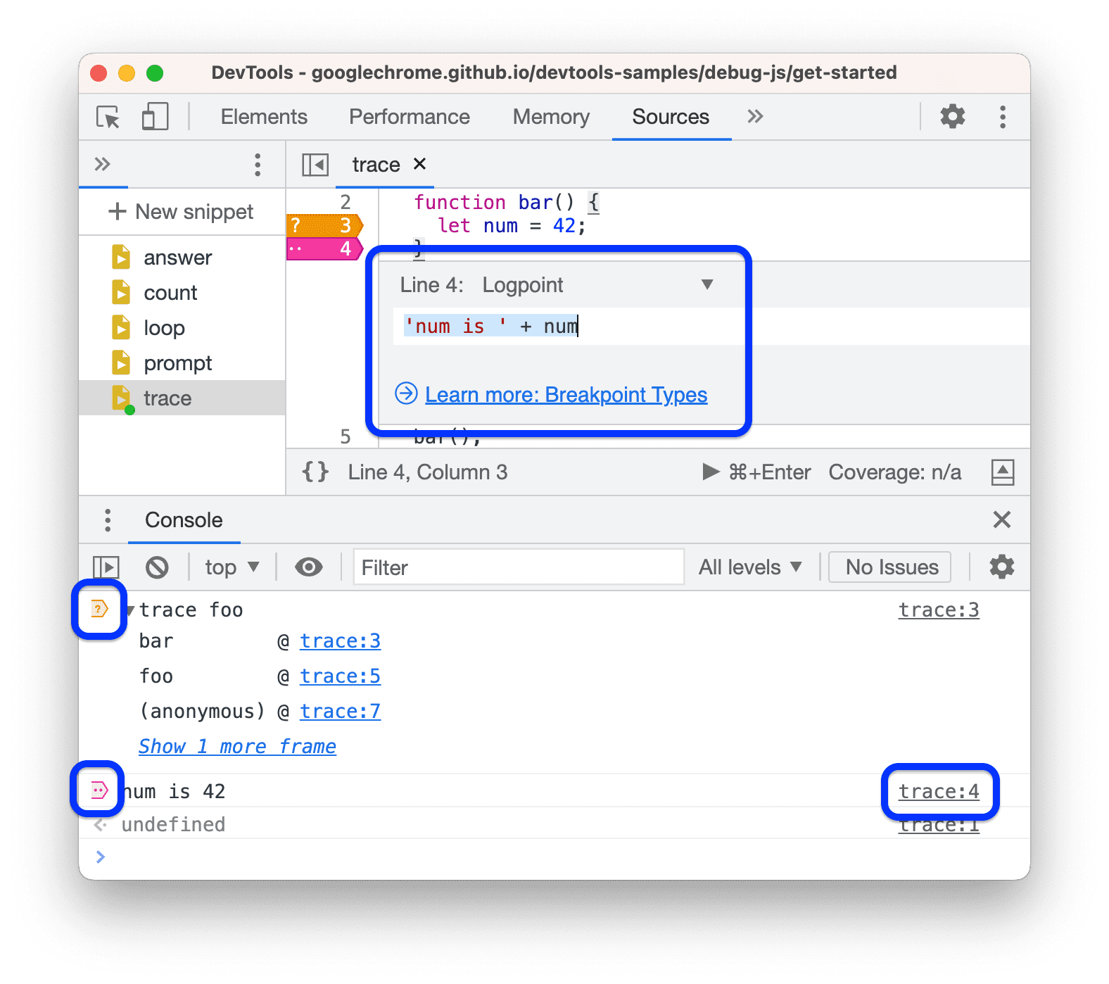 La console marque les messages créés par des points d&#39;arrêt et des points de journalisation conditionnels.