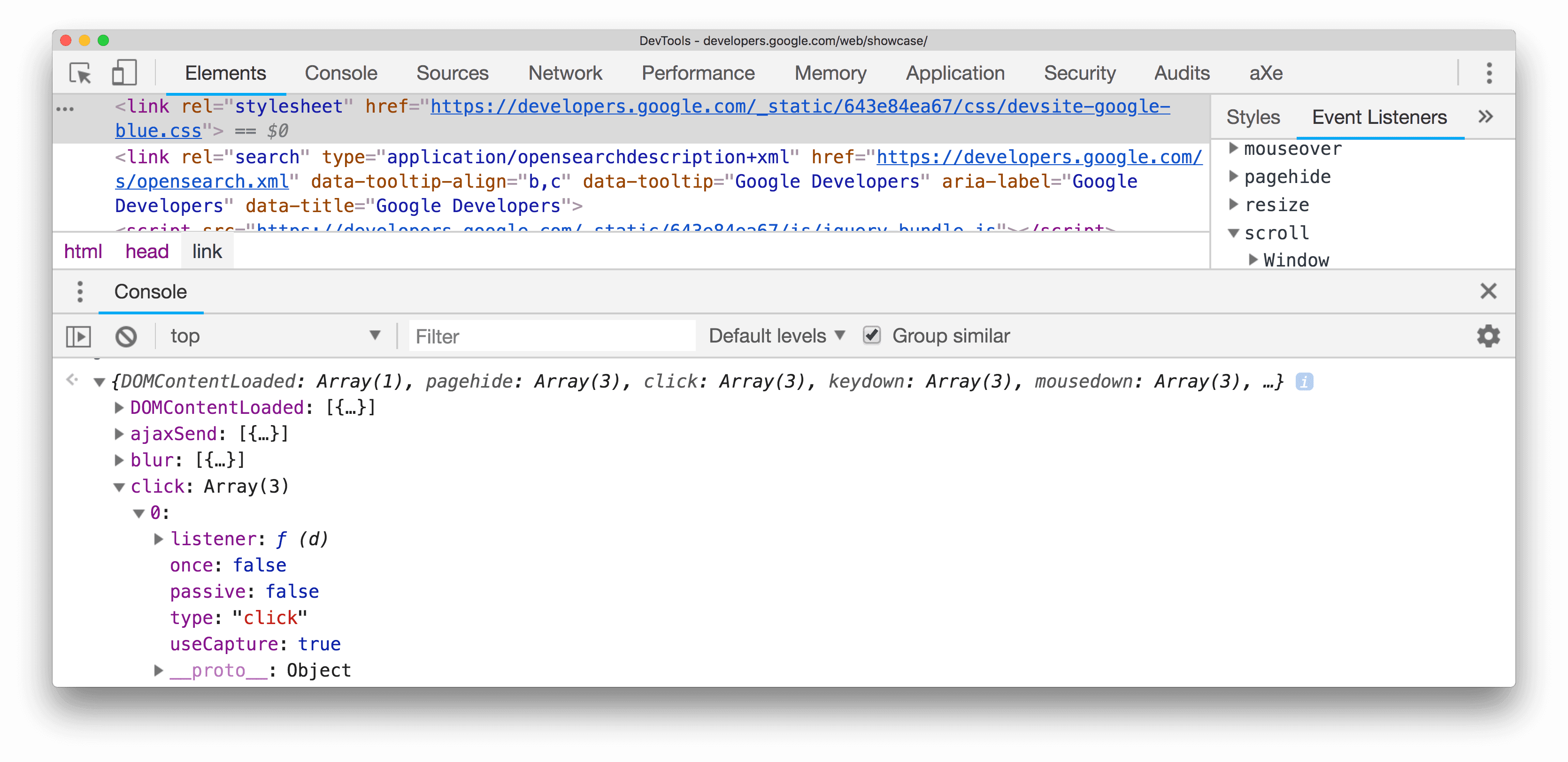 Visualizzazione espansa dell'oggetto listener.