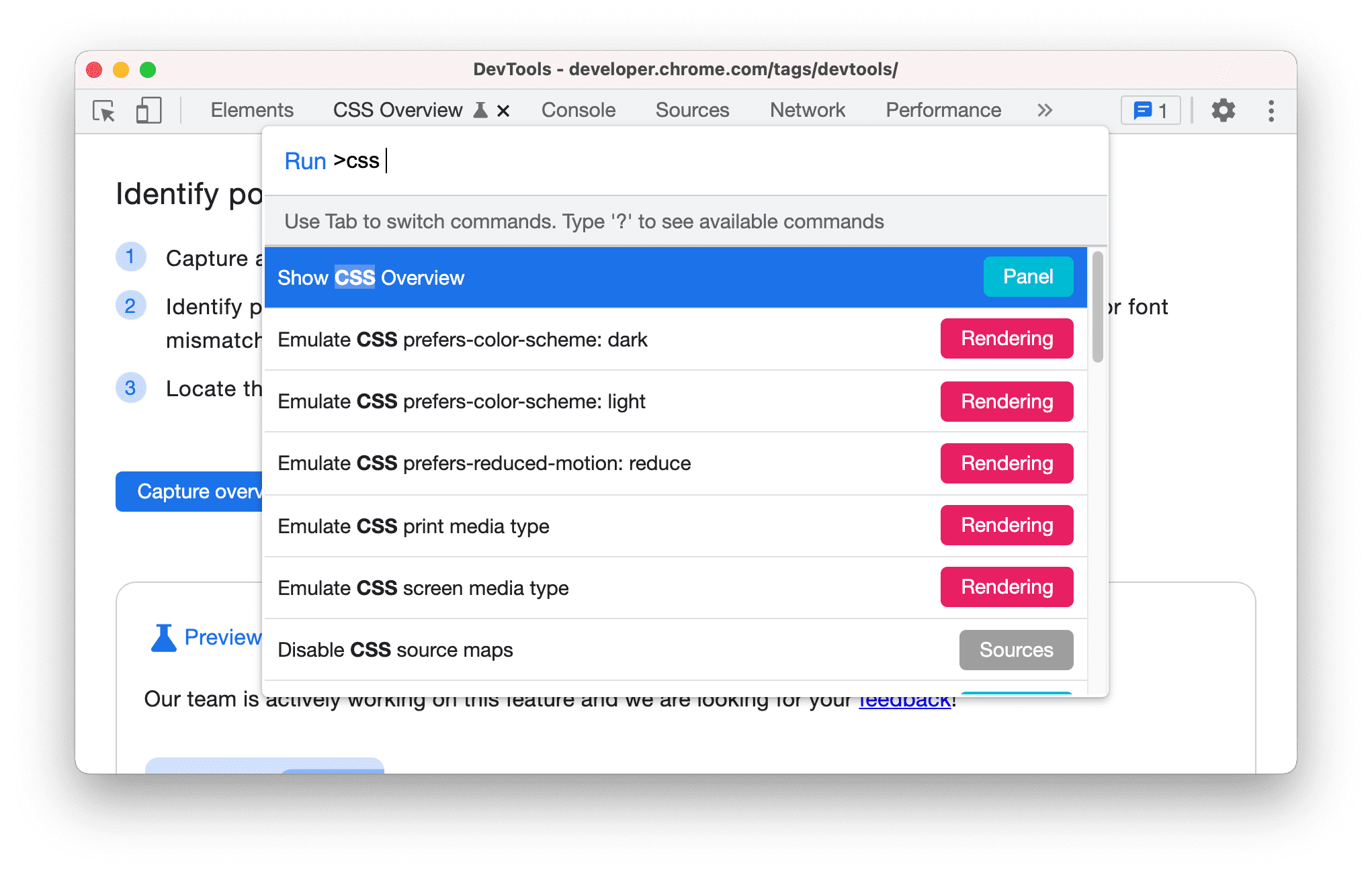 Komut menüsünde CSS&#39;ye Genel Bakış komutunu gösterin.