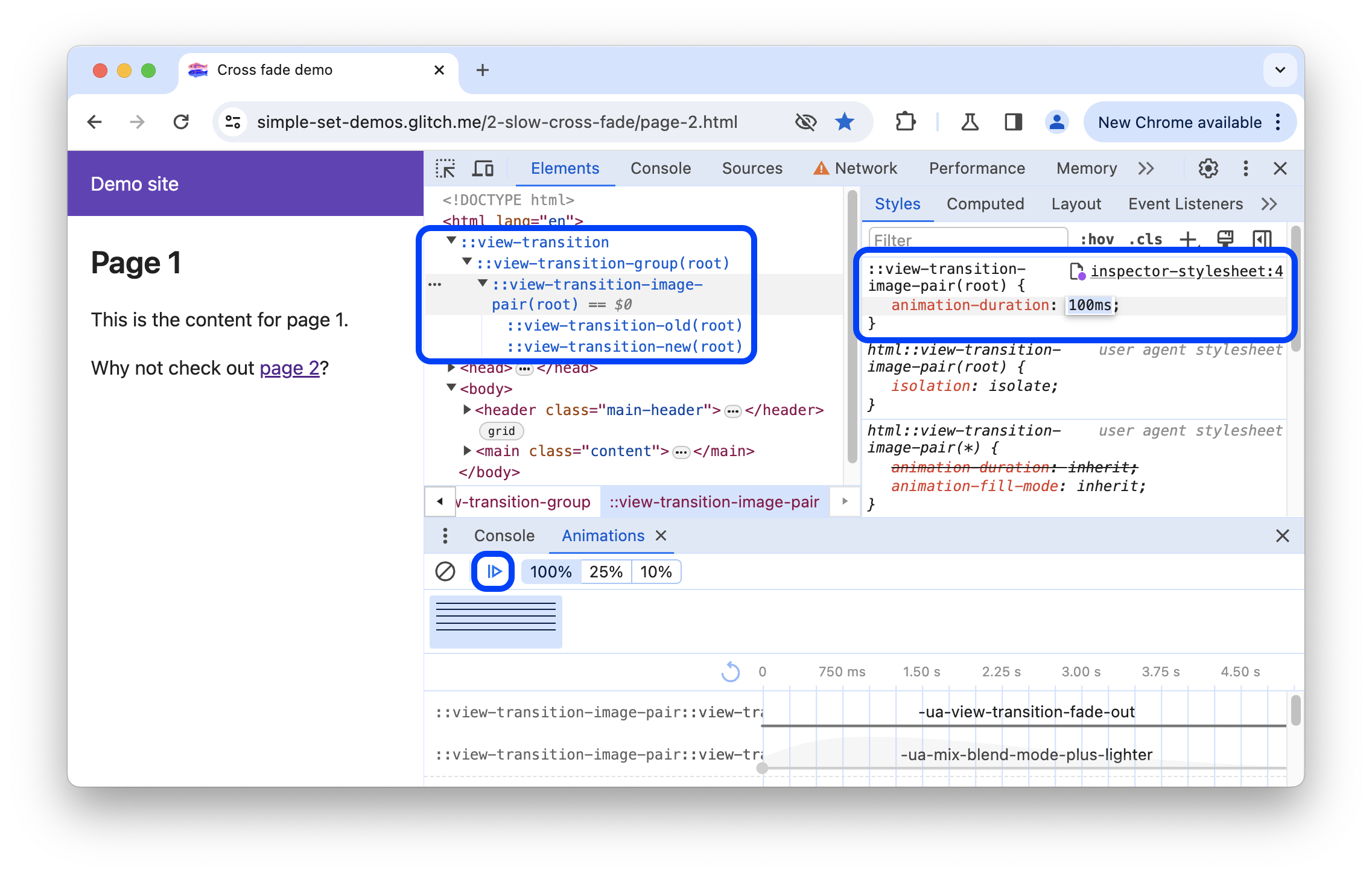 Modifica del CSS dell&#39;elemento pseudo ::view-transition.