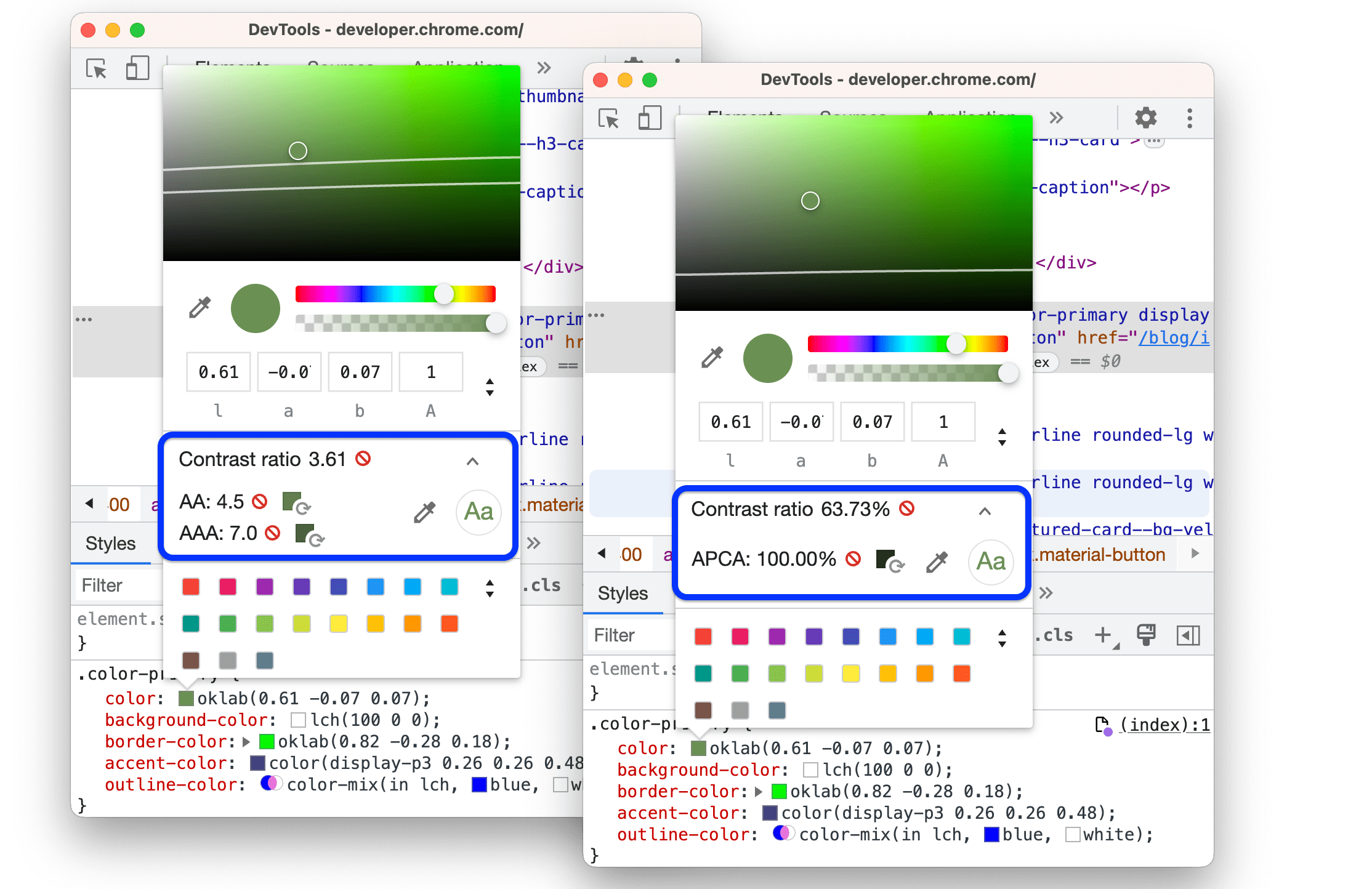 The expanded contrast ratio section with WebAIM or APCA guidelines.