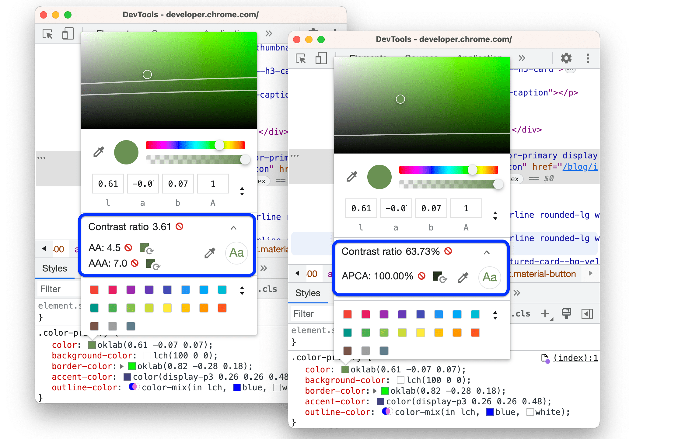 ส่วนอัตราส่วนคอนทราสต์แบบขยายที่มีหลักเกณฑ์ของ WebAIM หรือ APCA