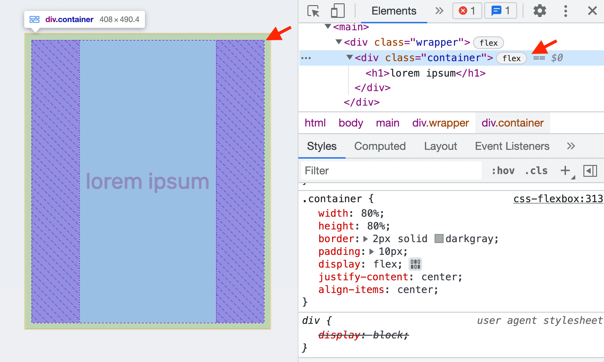 העברת העכבר מעל אלמנט של Flexbox