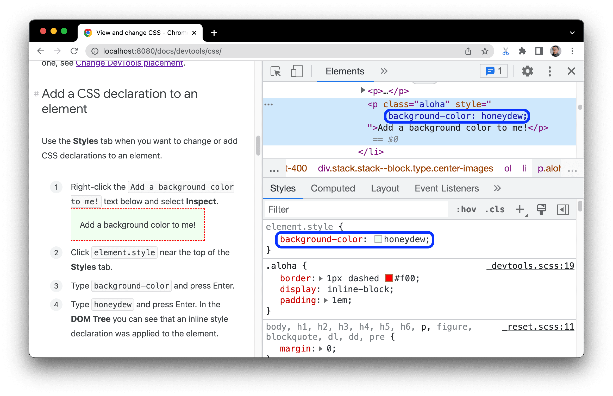 Ajout d&#39;une déclaration CSS à l&#39;élément via l&#39;onglet &quot;Styles&quot;.