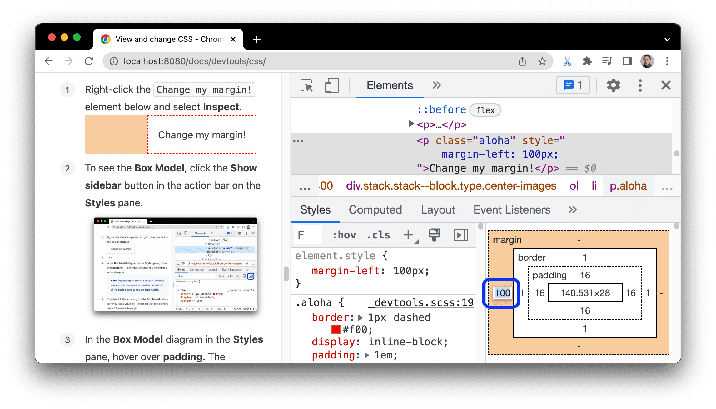 Changing the element's margin-left.