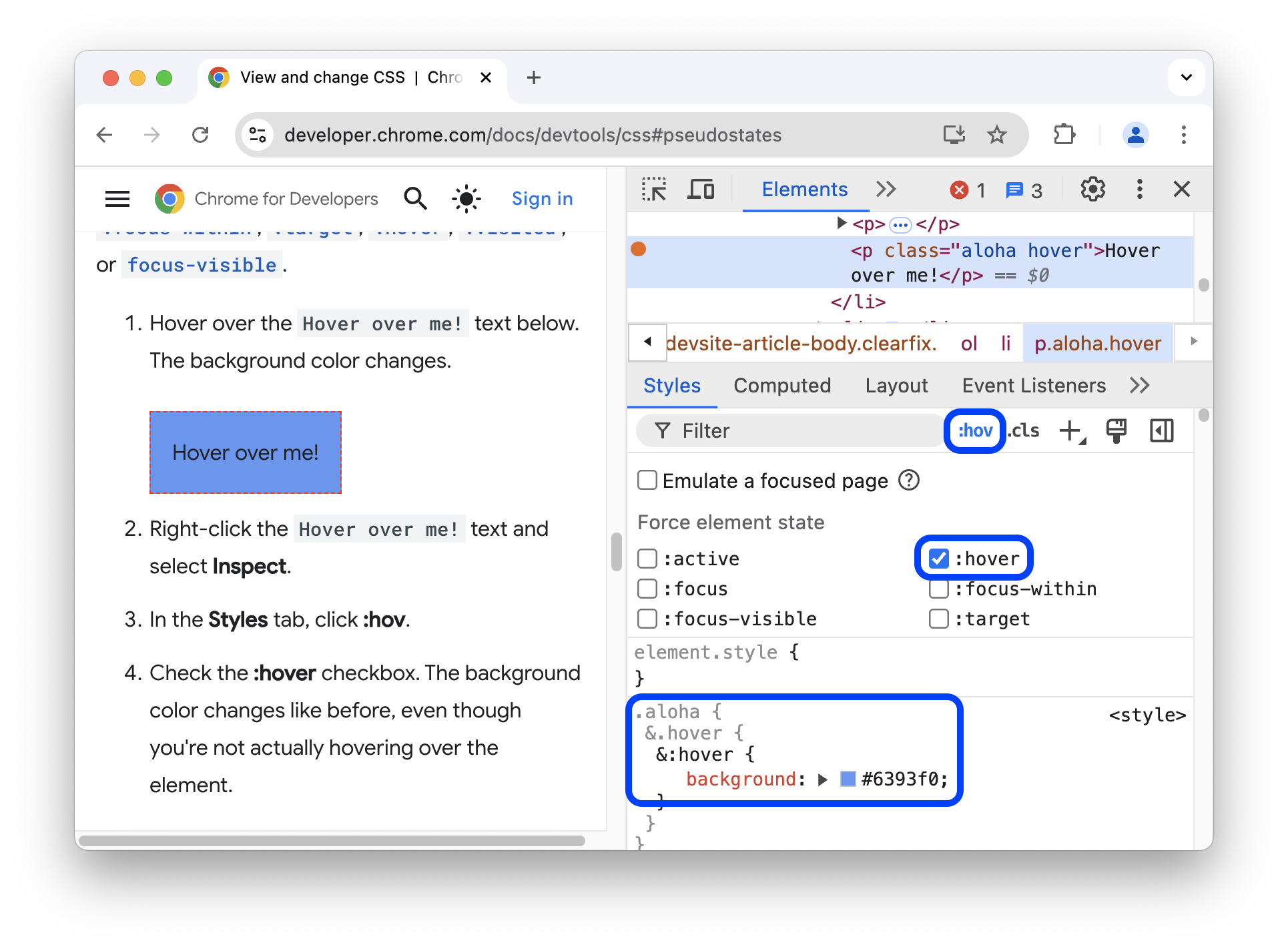 Como alternar o pseudoestado de passar o cursor em um elemento.