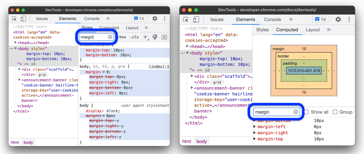 Los cuadros de texto de Filtro en los paneles Estilos y Calculados