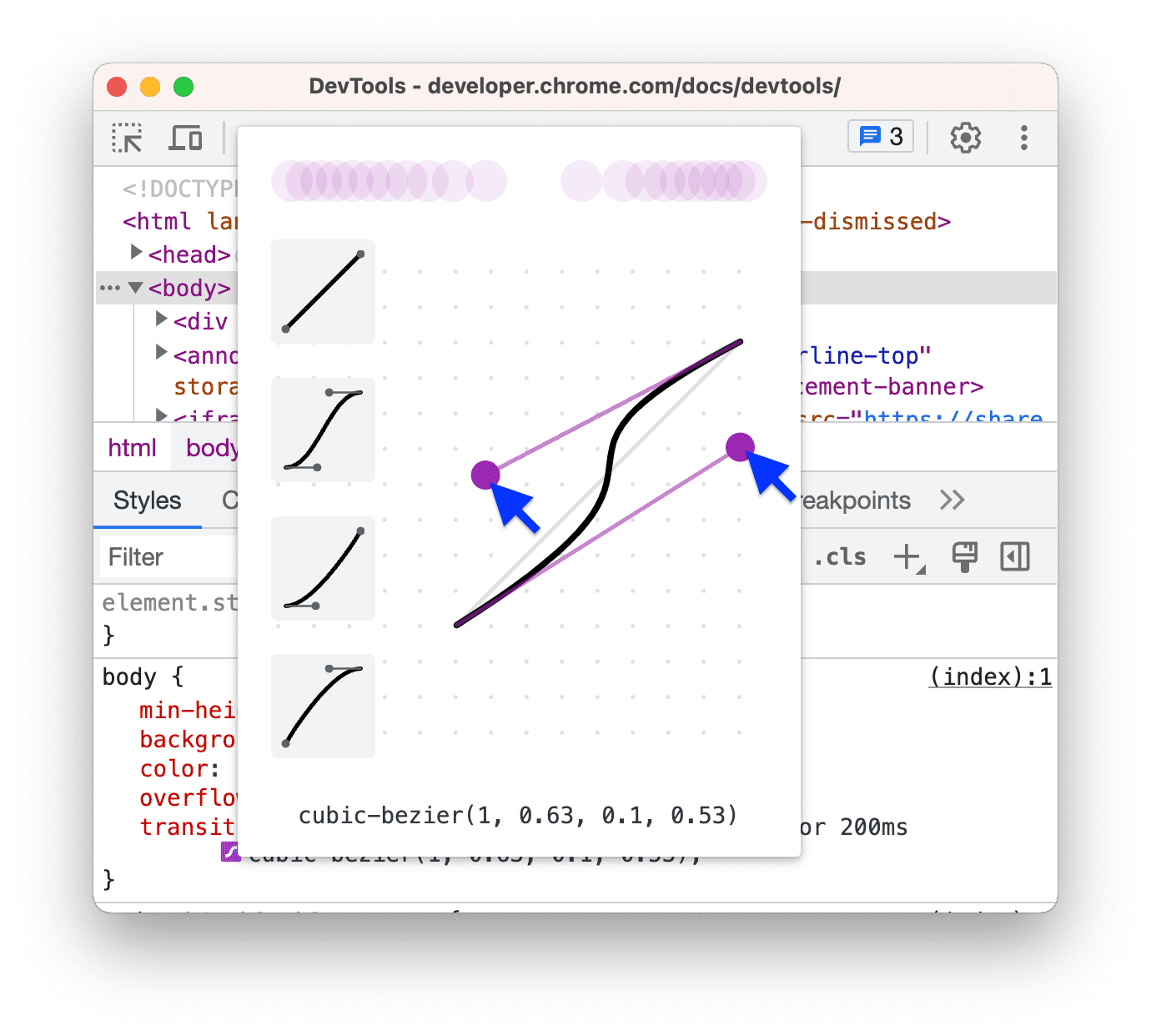 Cubic Bezier işlevinin kontrol noktalarını sürükleme.