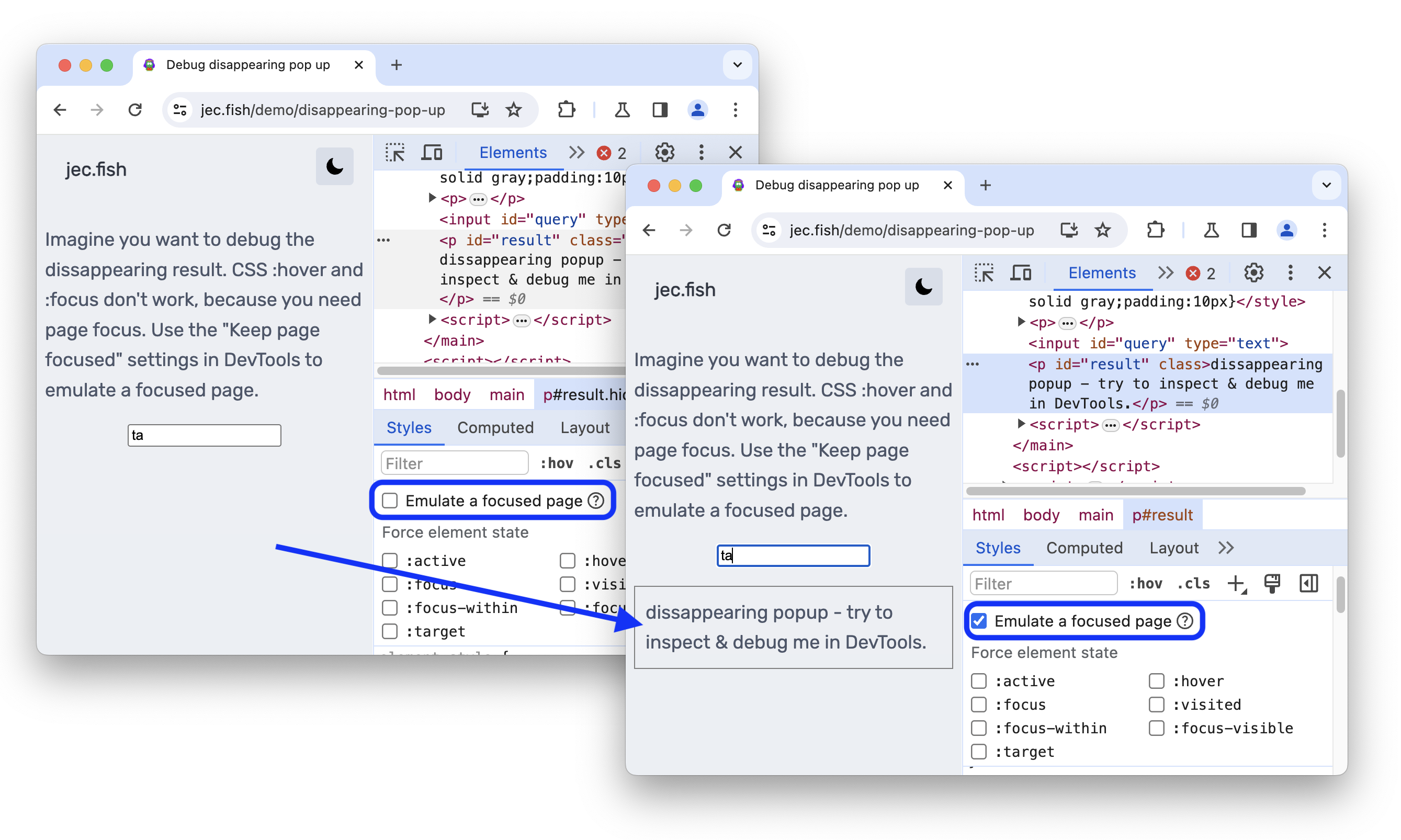 Avant et après l&#39;activation de l&#39;option &quot;Émuler une page sélectionnée&quot;.