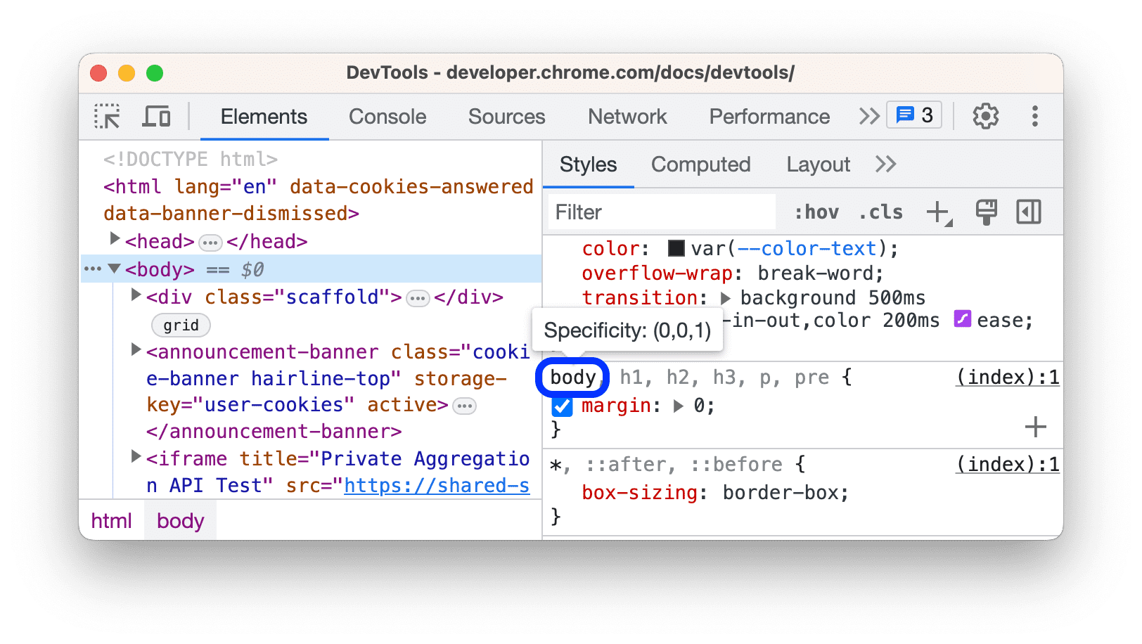 The tooltip with specificity weight of a matched selector.