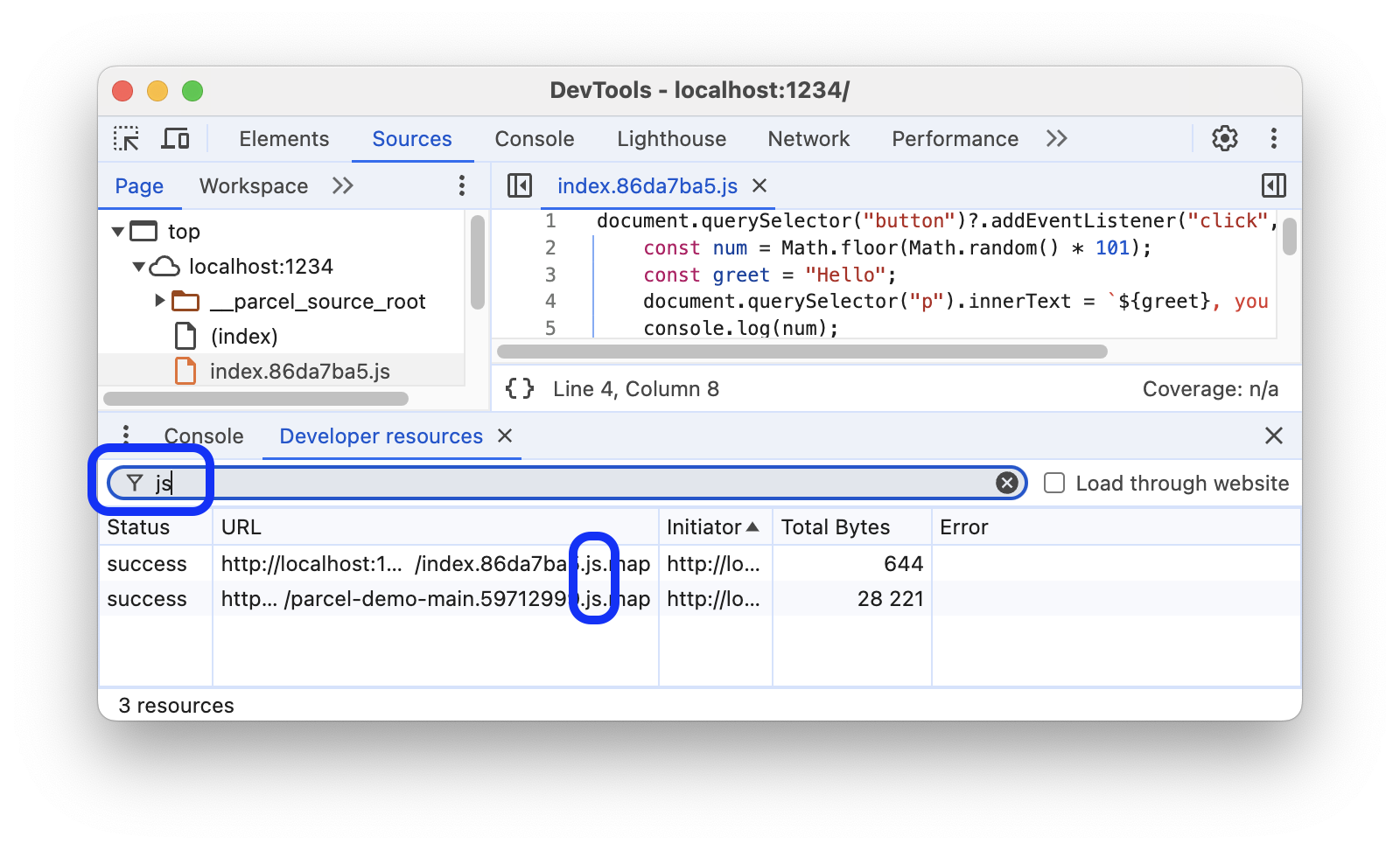 Filtrer les mappages sources qui ne contiennent pas &quot;js&quot; dans l&#39;URL.