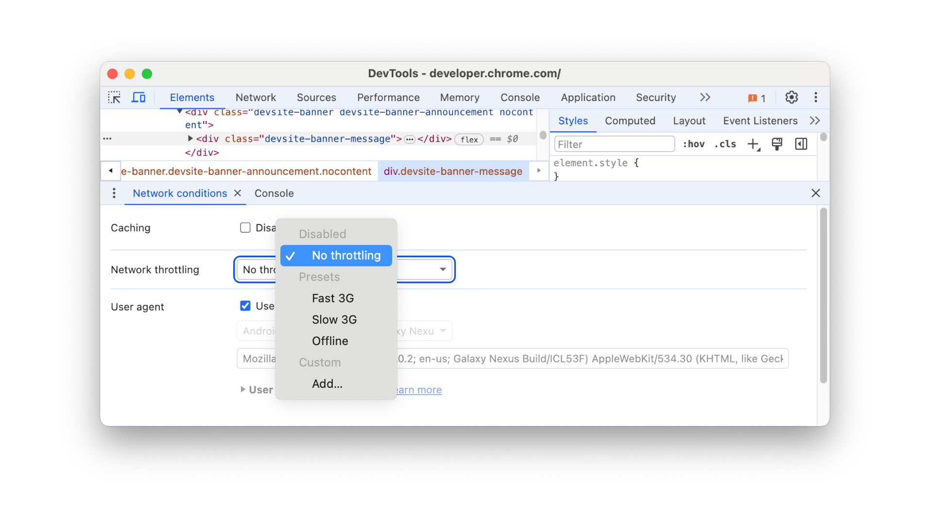 Dropdown throttling jaringan di panel Kondisi jaringan.