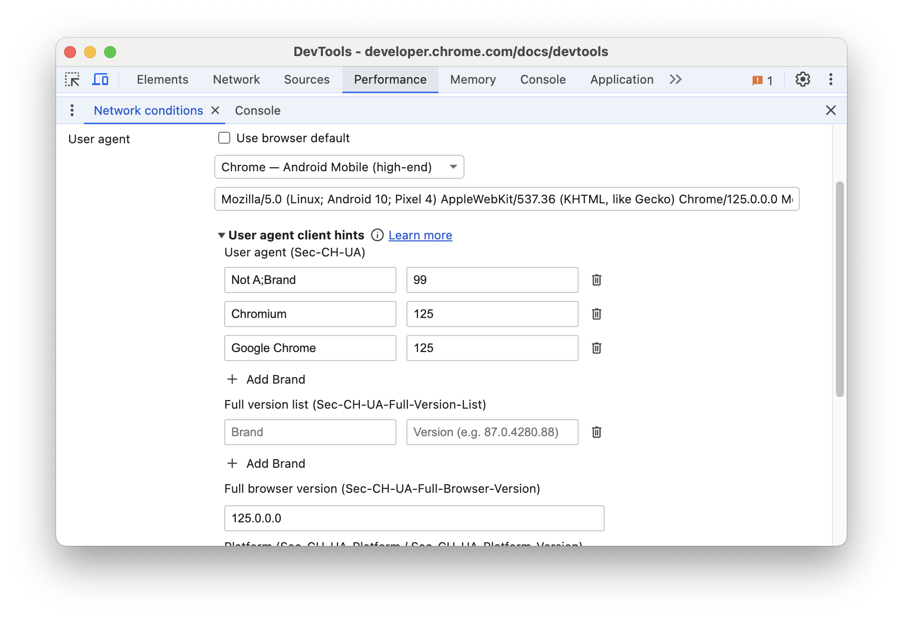 Форма подсказок для клиента User-Agent.