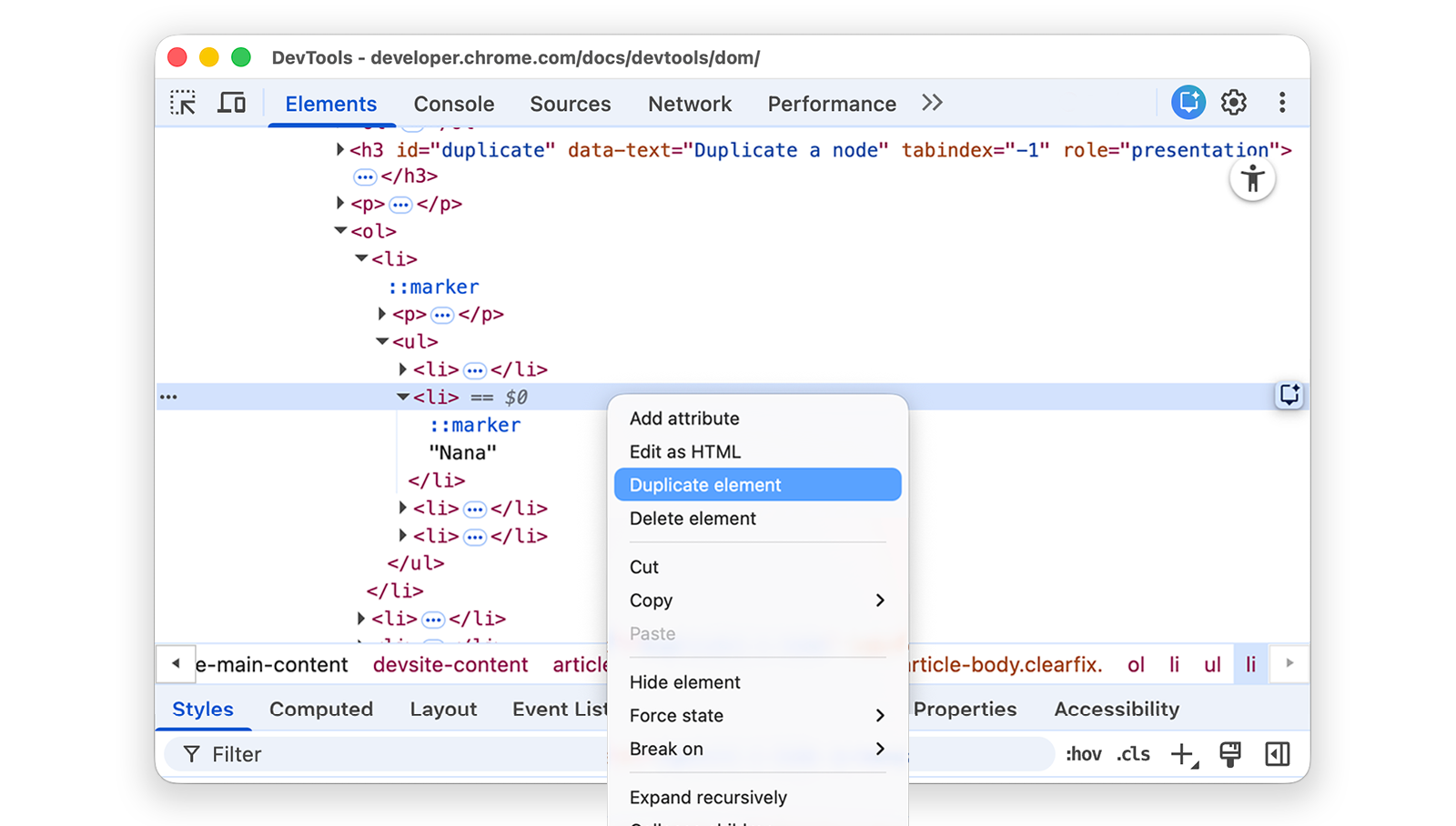Opsi Duplikasikan elemen yang disorot di menu drop-down.