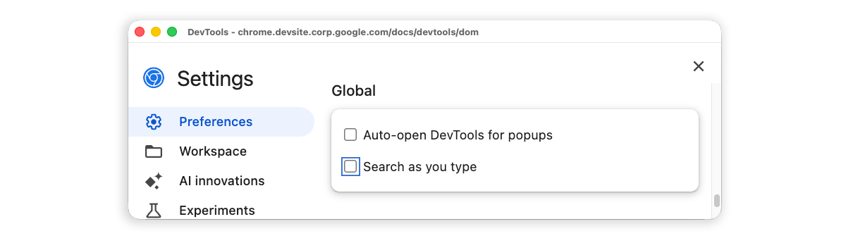 تم إلغاء تحديد مربّع الاختيار "البحث أثناء الكتابة" في "الإعدادات".