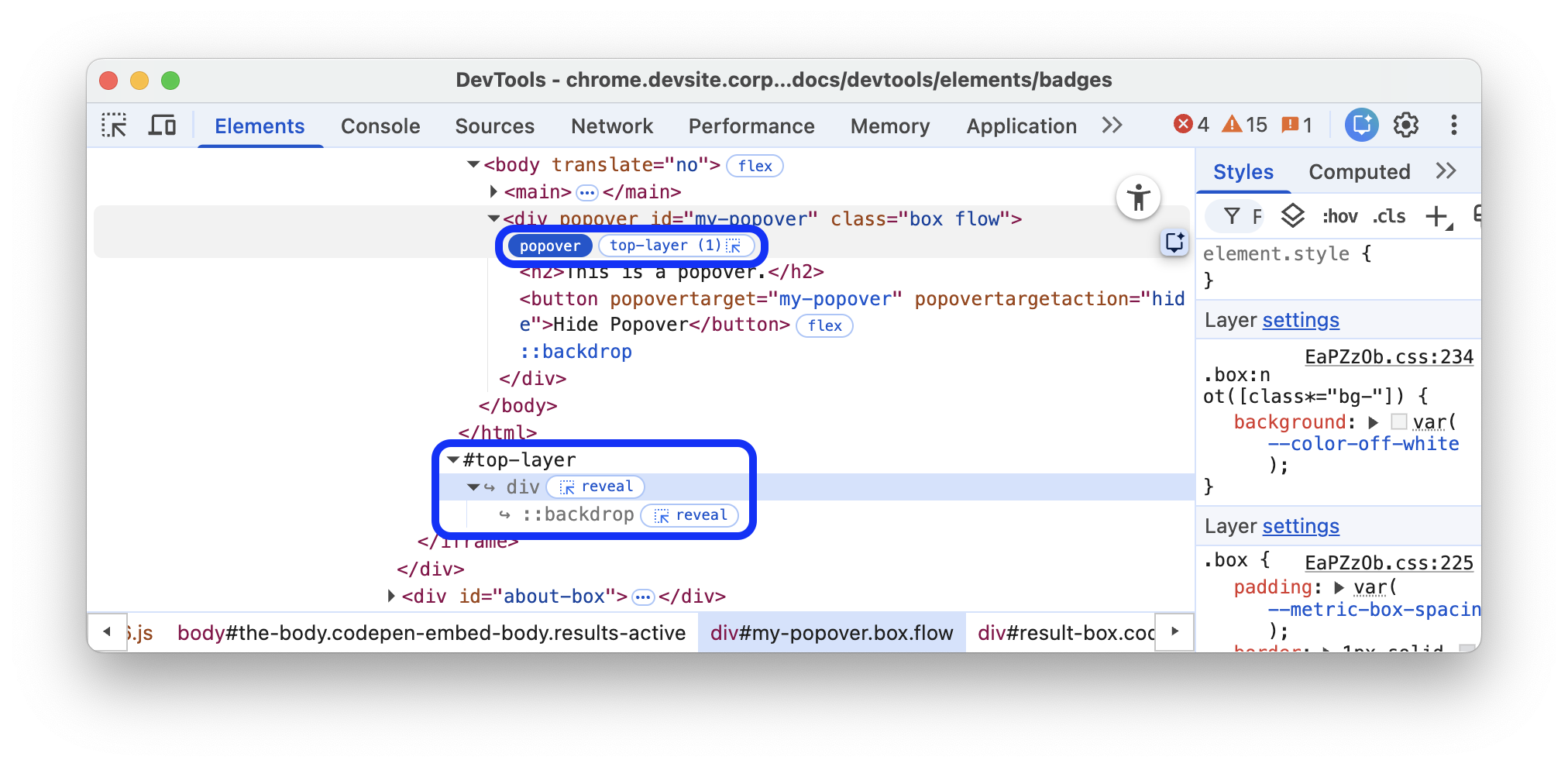 具有 popover 属性的元素旁边的弹出式窗口标记。