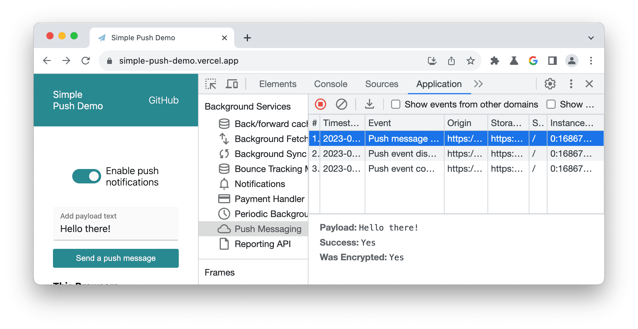 Log peristiwa di panel Push Messaging.