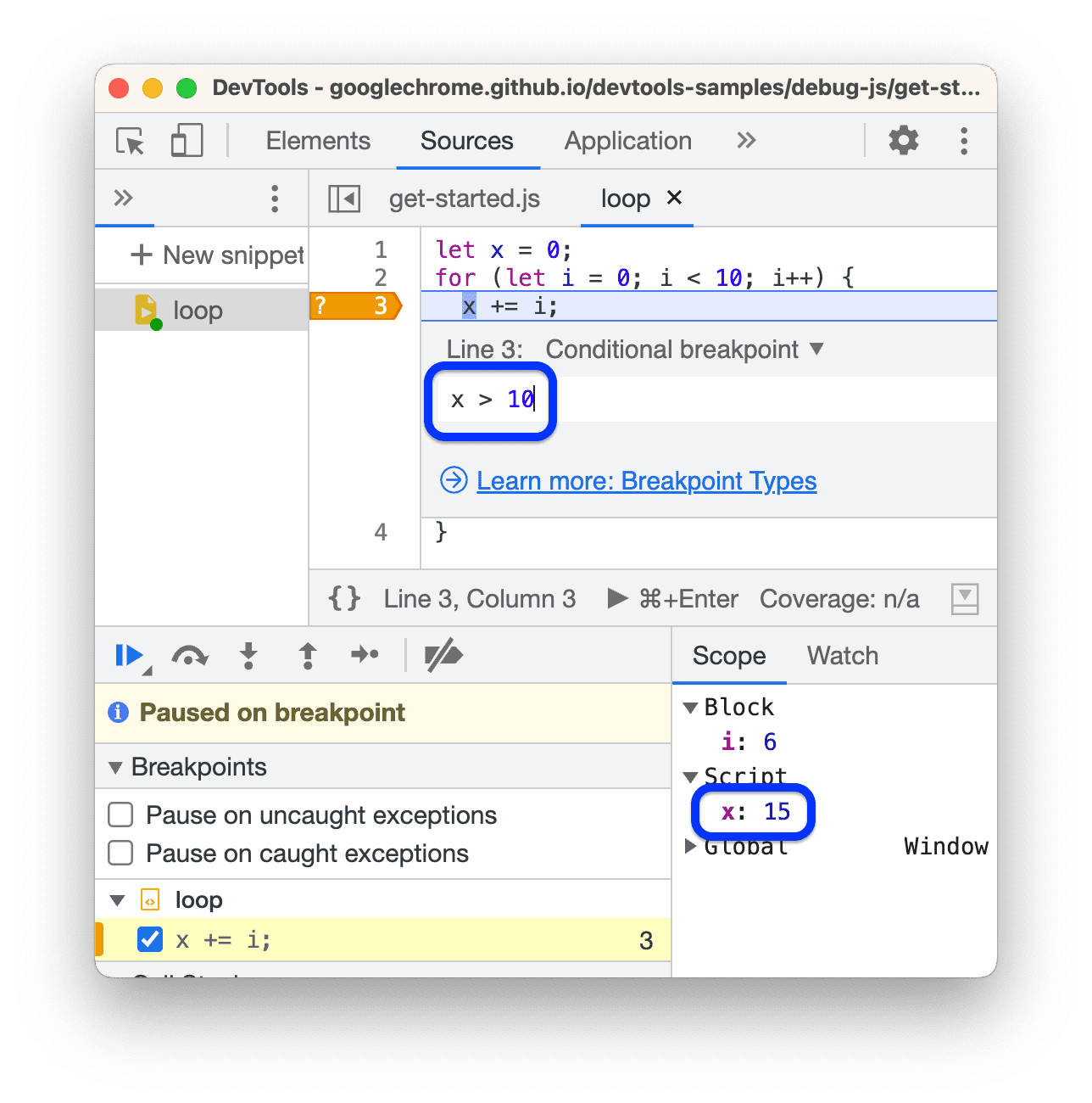 A conditional line-of-code breakpoint.