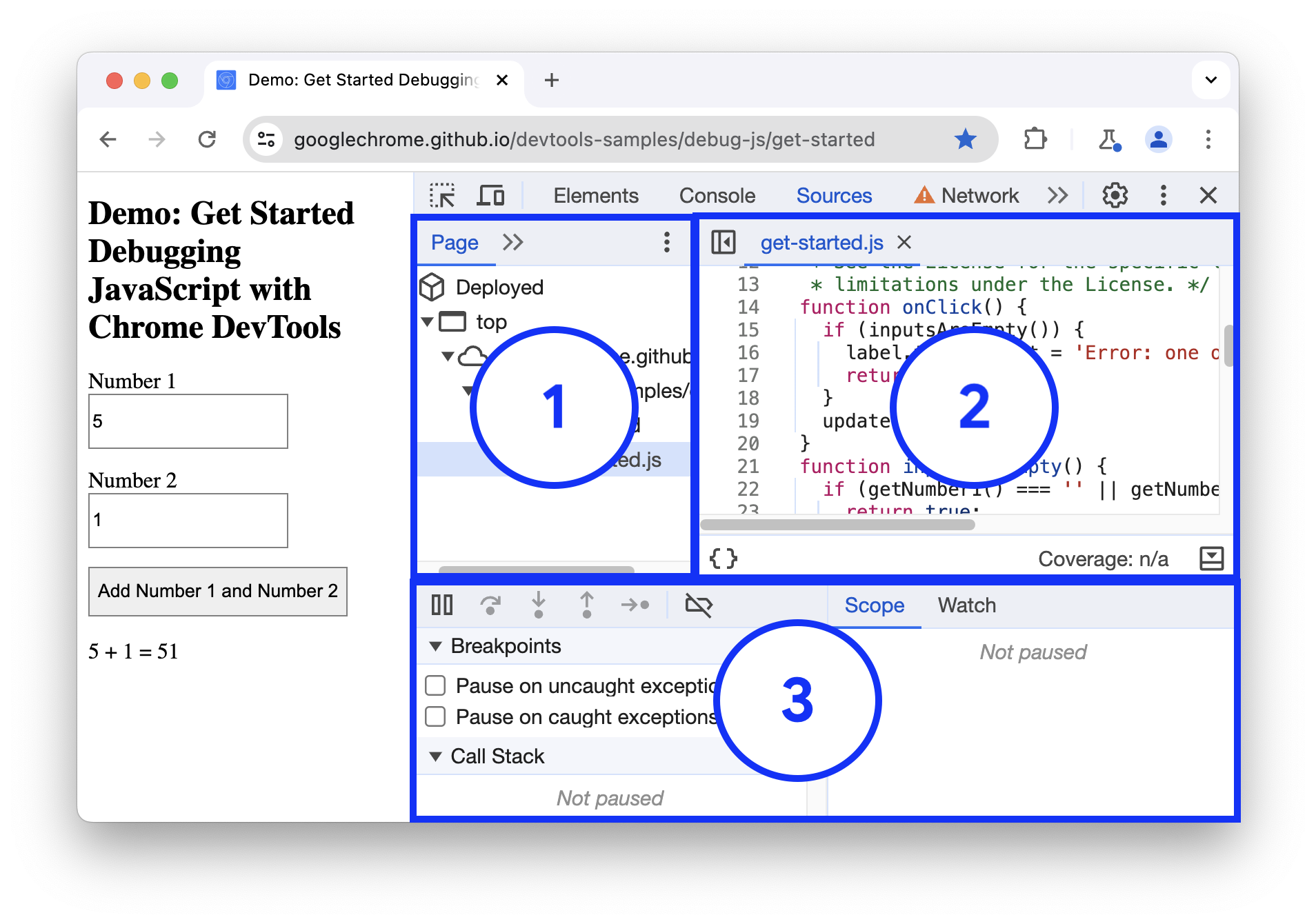 「Sources」面板的 3 個部分。