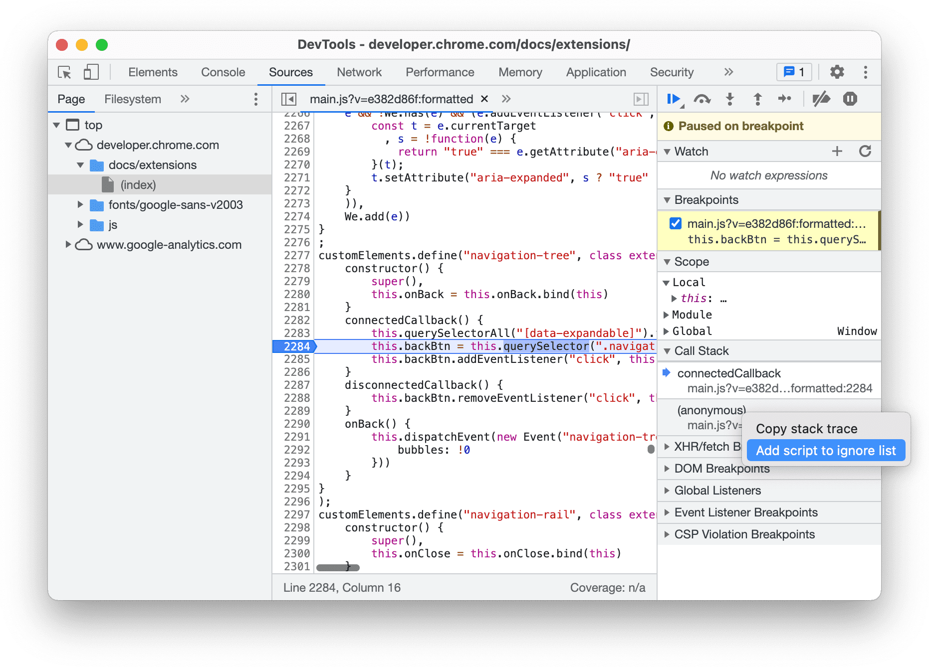 Ignorer un script depuis le volet &quot;Call Stack&quot; (Pile d&#39;appels)