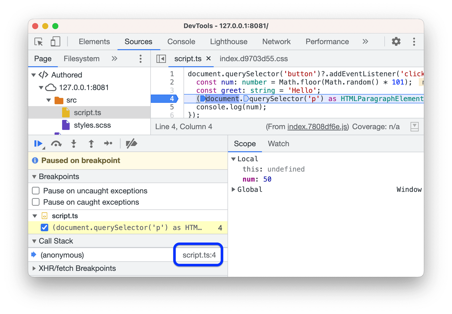 Execution paused on a regular breakpoint.