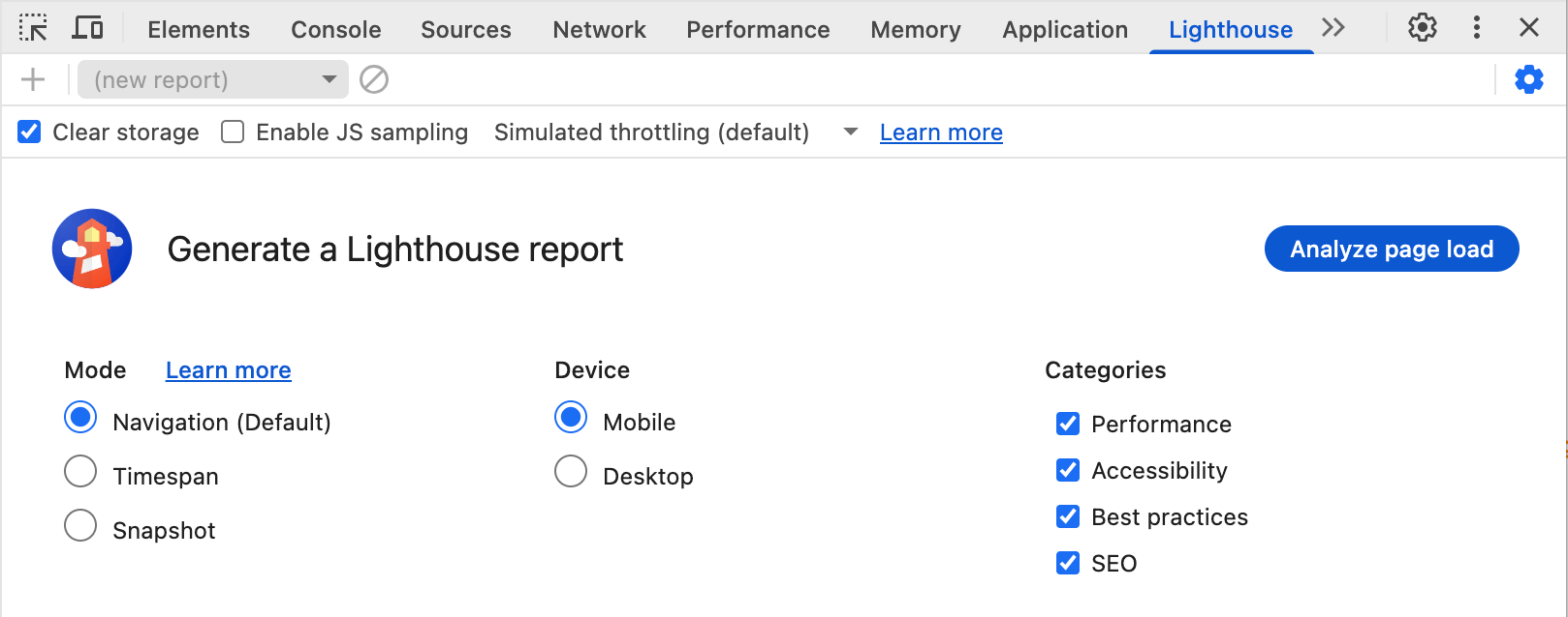 گزینههای مختلف موجود در پنل DevTools از جمله «پاک کردن فضای ذخیرهسازی»، «فعال کردن نمونهبرداری JS» و گزینههای تنظیم سرعت در نوار تنظیمات، انتخاب حالت، دستگاه و دستهها
