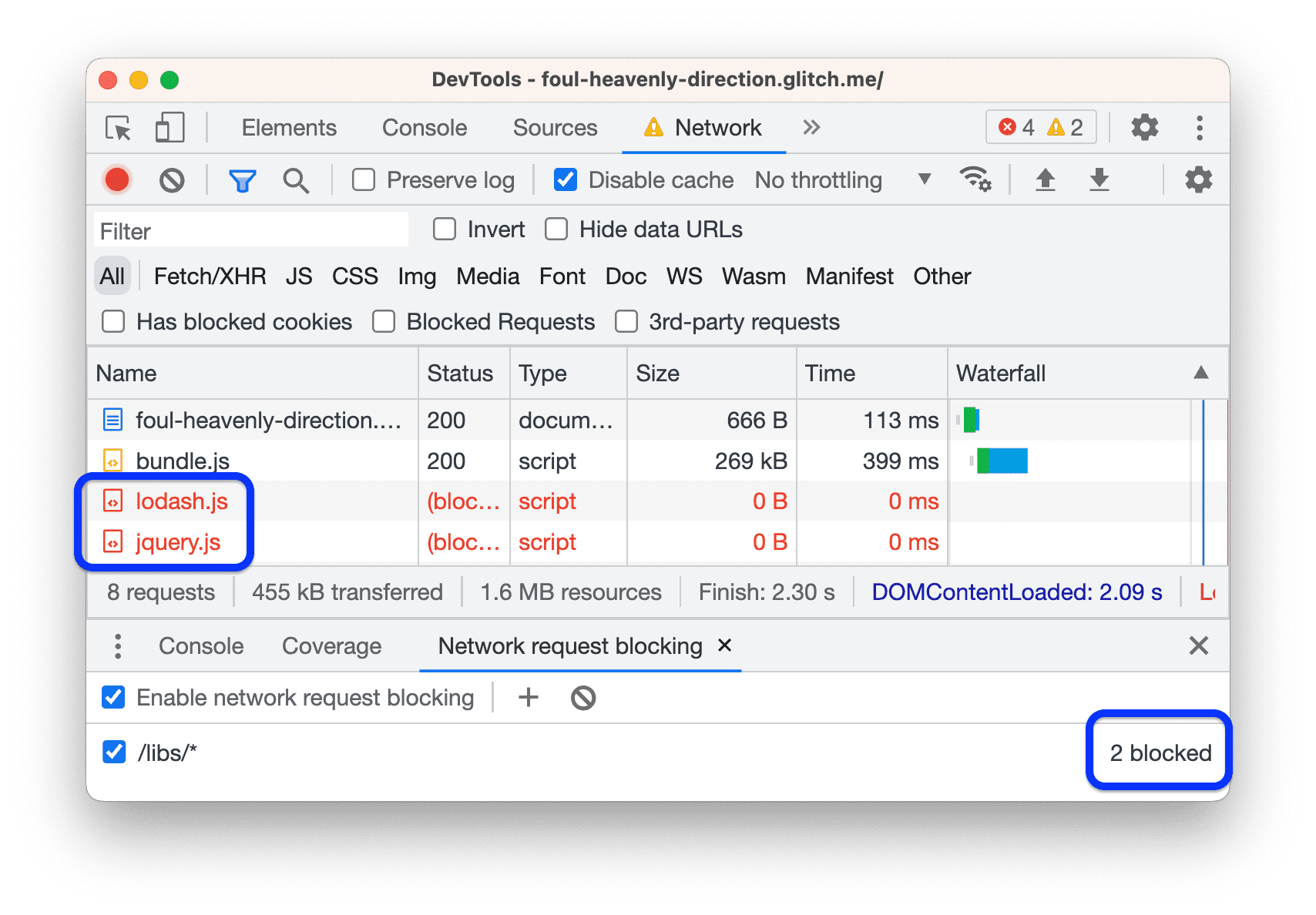 [ネットワーク] パネルに、リクエストがブロックされたことが示されます。