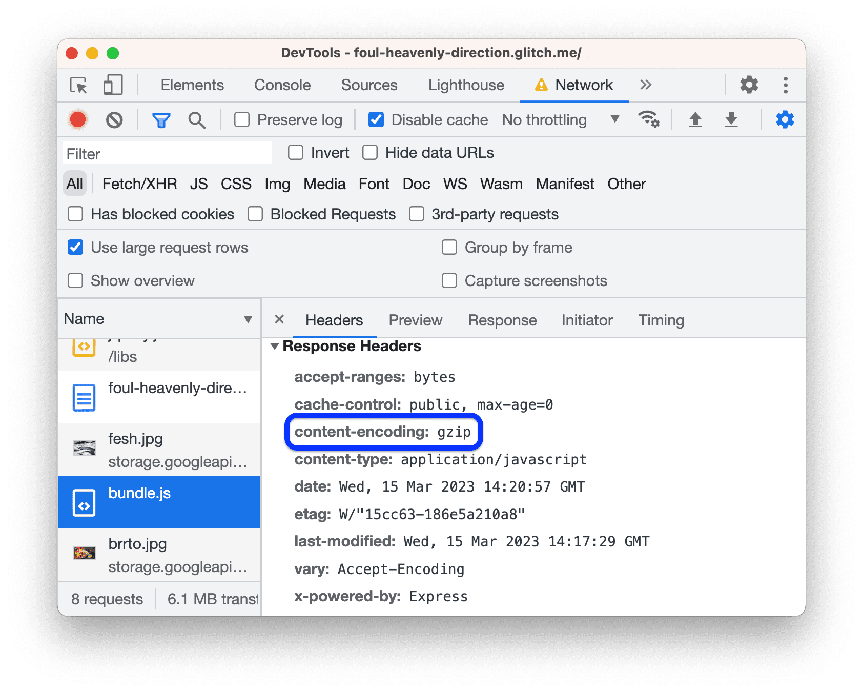 「Response Headers」部分現在包含 content-encoding 標頭。